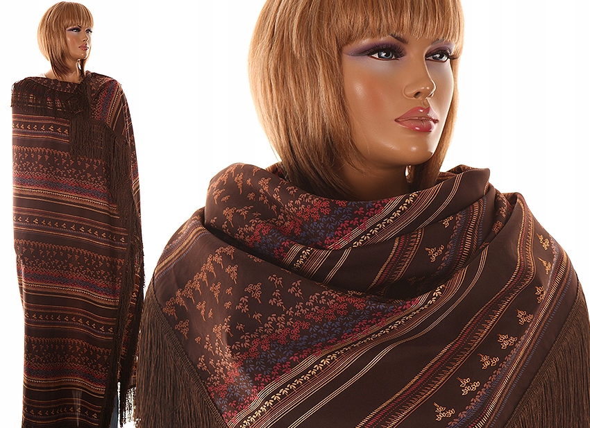 B-2888 OGROMNA CHUSTA KLASYCZNY BRĄZ PRINT FRĘDZLE