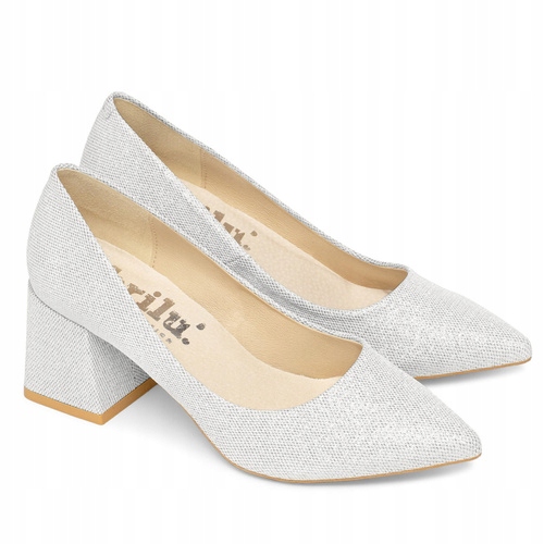 Brilu Polskie Ślubne Brokatowe Czółenka Na Słupku Brook Srebrne 38