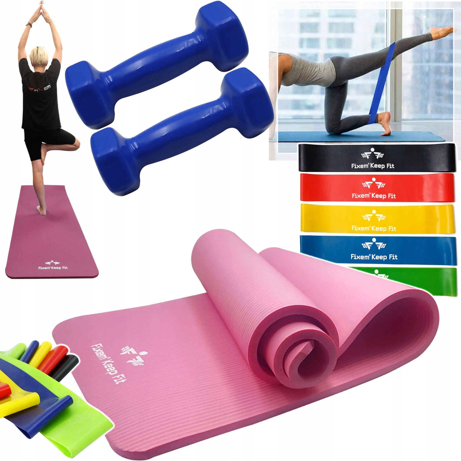 Mata Gimnastyczna Do Jogi Fitness 1,5cm 190x63cm Taśmy Gumy 2X Hantla 1kg