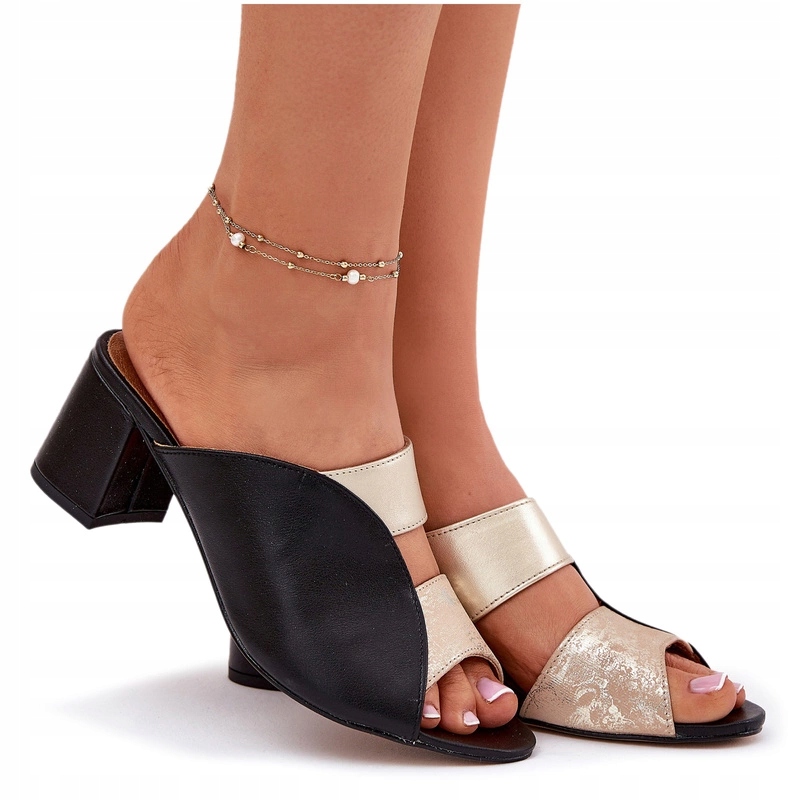 Nazouváky Přírodní Kůže Podpatek Sloupek Maciejka 06943-25 Černo-zlatá 37