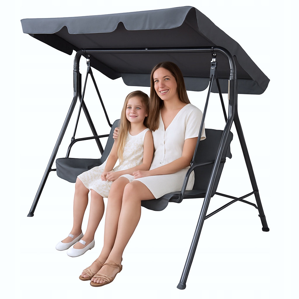 Huśtawka Ogrodowa Wolnostojąca 3 Osobowa Bujana Ławka Szara Daszek Mocna