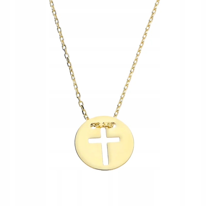 Zlatý náhrdelník 585 křížek v kruhu, plech s vyřezaným křížem, módní dámský