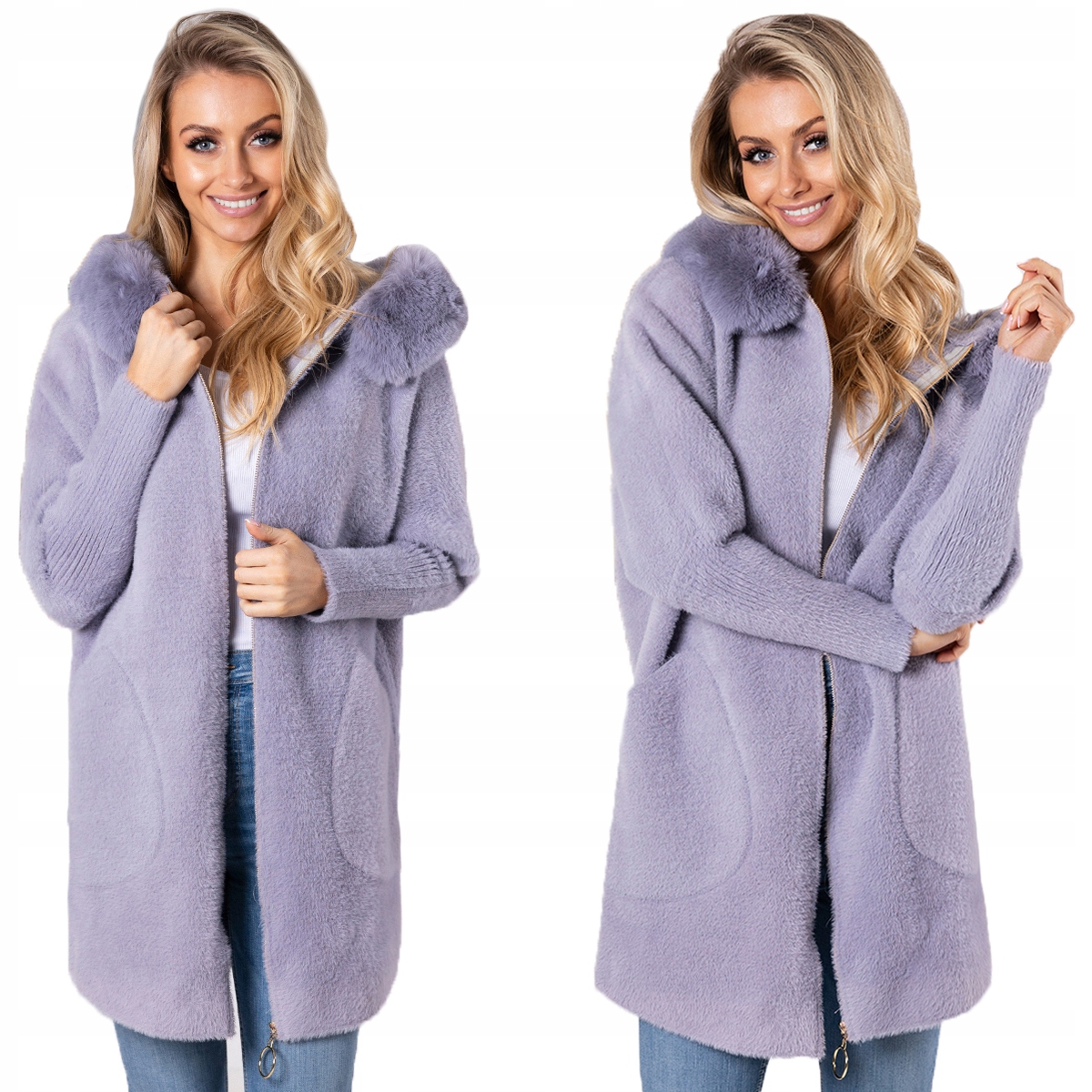 Nadýchaná Alpaka Kabát Kapuce s kožešinou Měkký Teplý Dámský Šedý