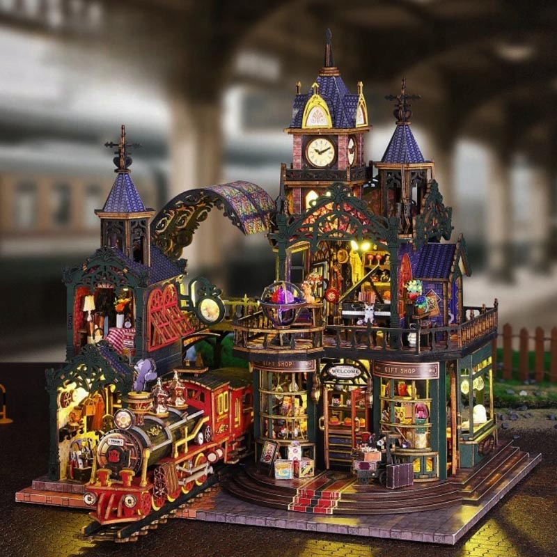 Miniaturowy Domek Stacja Zaginionego Czasu Pociąg Magia Zestaw Kreatywny 3D
