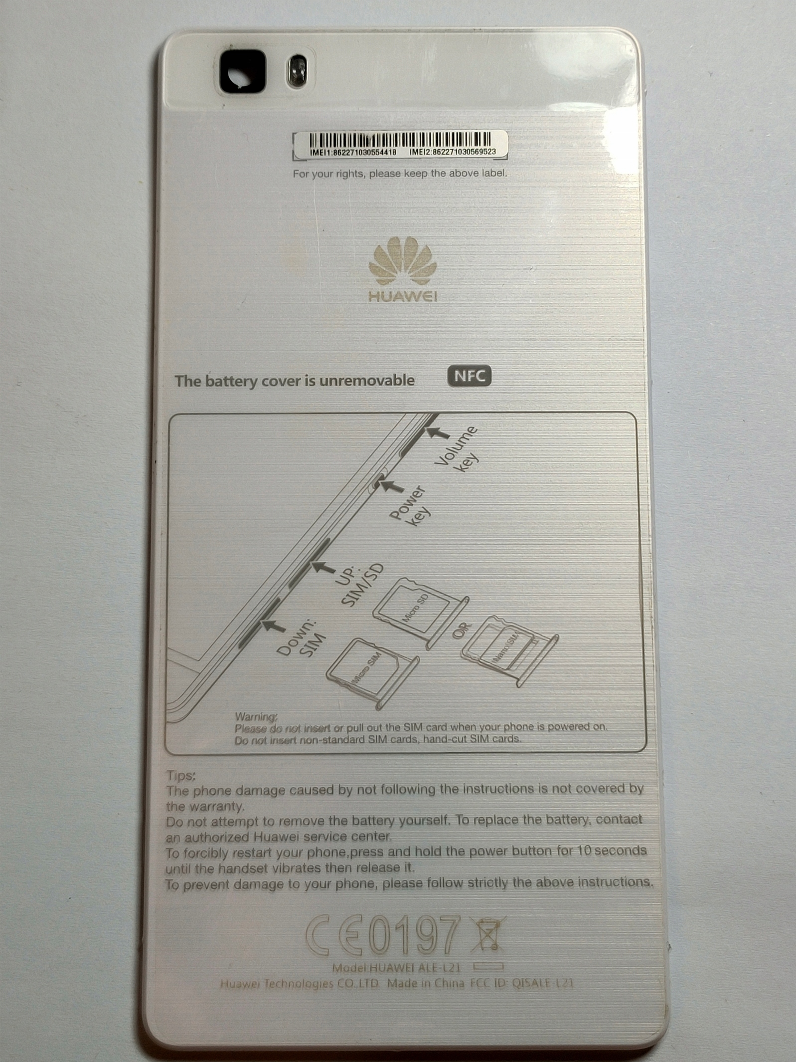 Oryginalna Używana Pokrywa Baterii Huawei P8 Lite ALE-L21