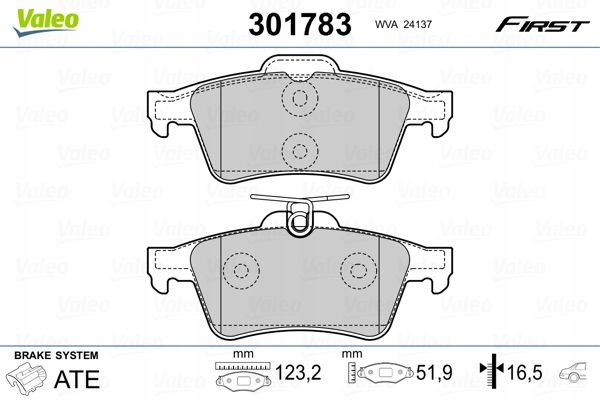KLOCKI HAMULCOWE TYŁ 301783 VALEO CADILLAC CITROEN Strona zabudowy tył