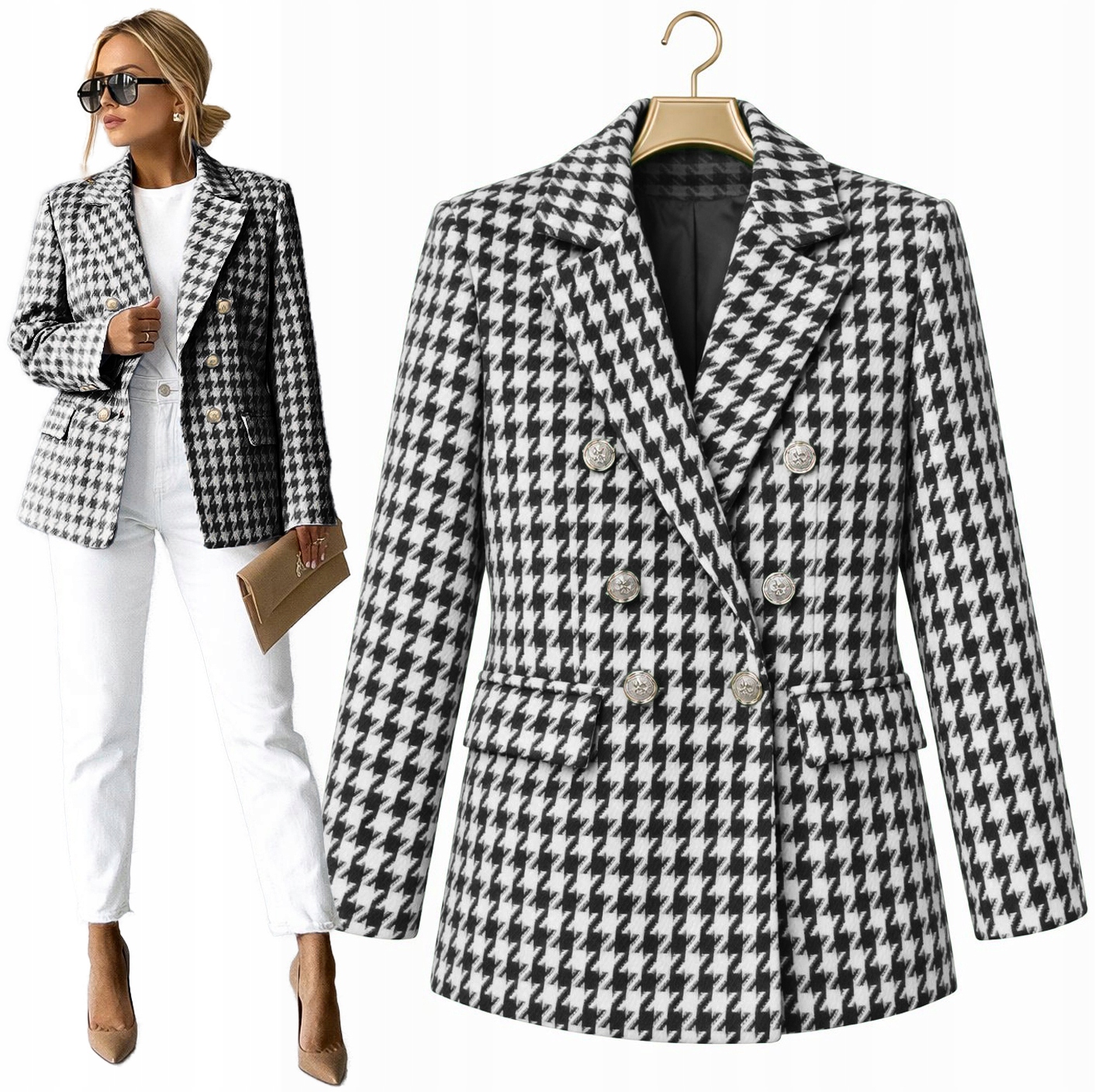 tweedowa Marynarka damska Żakiet dwurzędowe złote guziki M Sisi