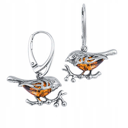 Stříbrné Náušnice vrabec ptáčci Jantar Stříbro ze stříbra Anglický Bižuter
