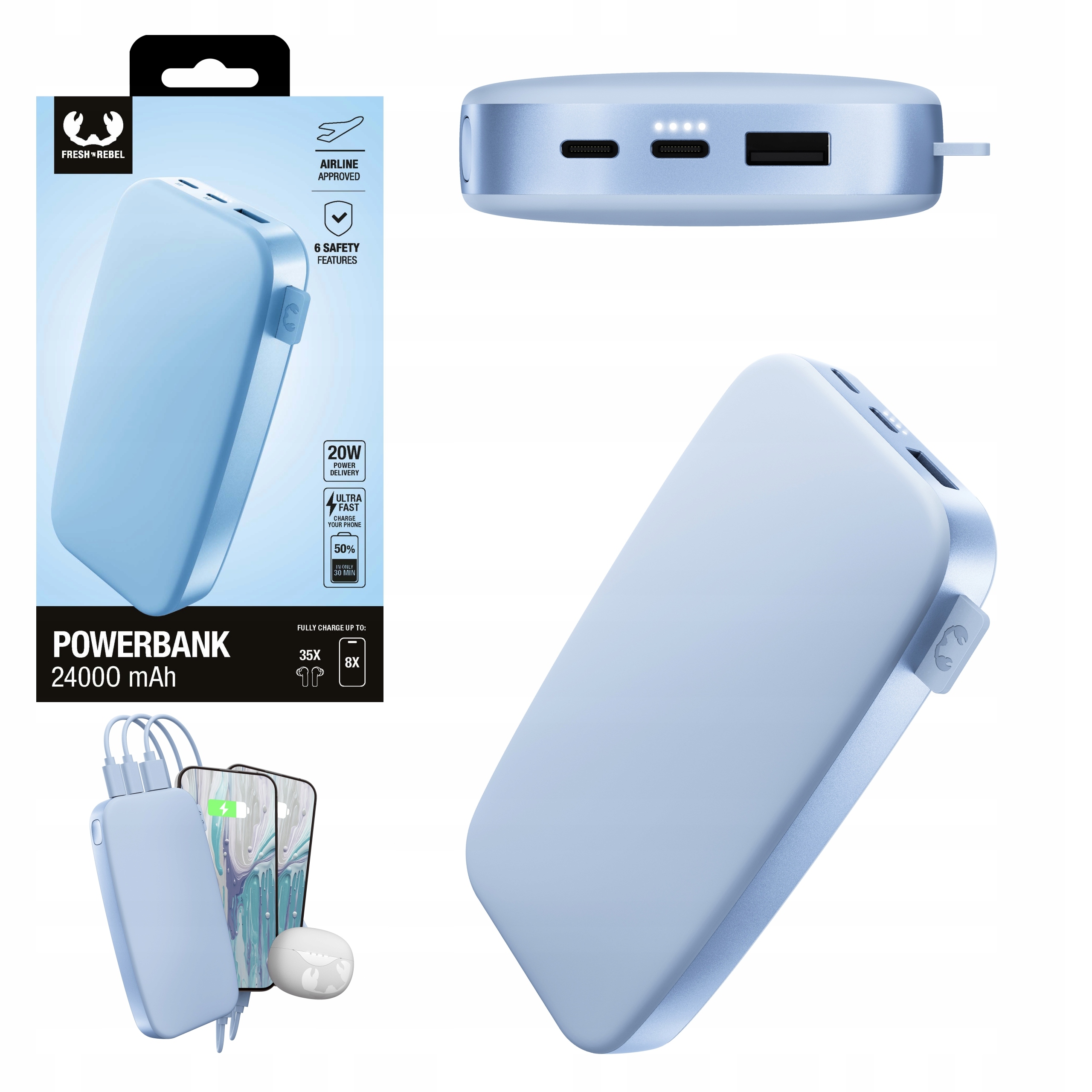 Fresh 'n Rebel Powerbank 24000 mAh Usb-c Pd Power Delivery mocny 20W Led