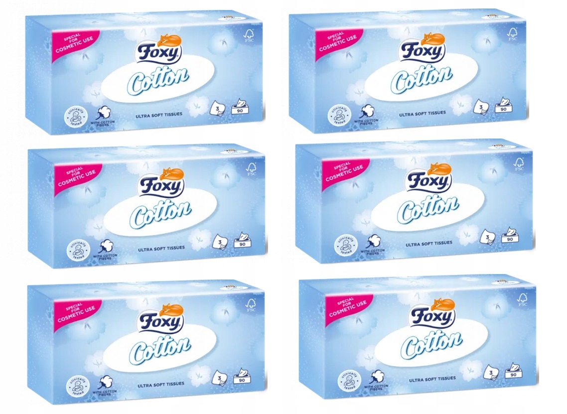 6 szt Foxy Cotton Ultra miękkie chusteczki 3 w. 90 sztuk higieniczne