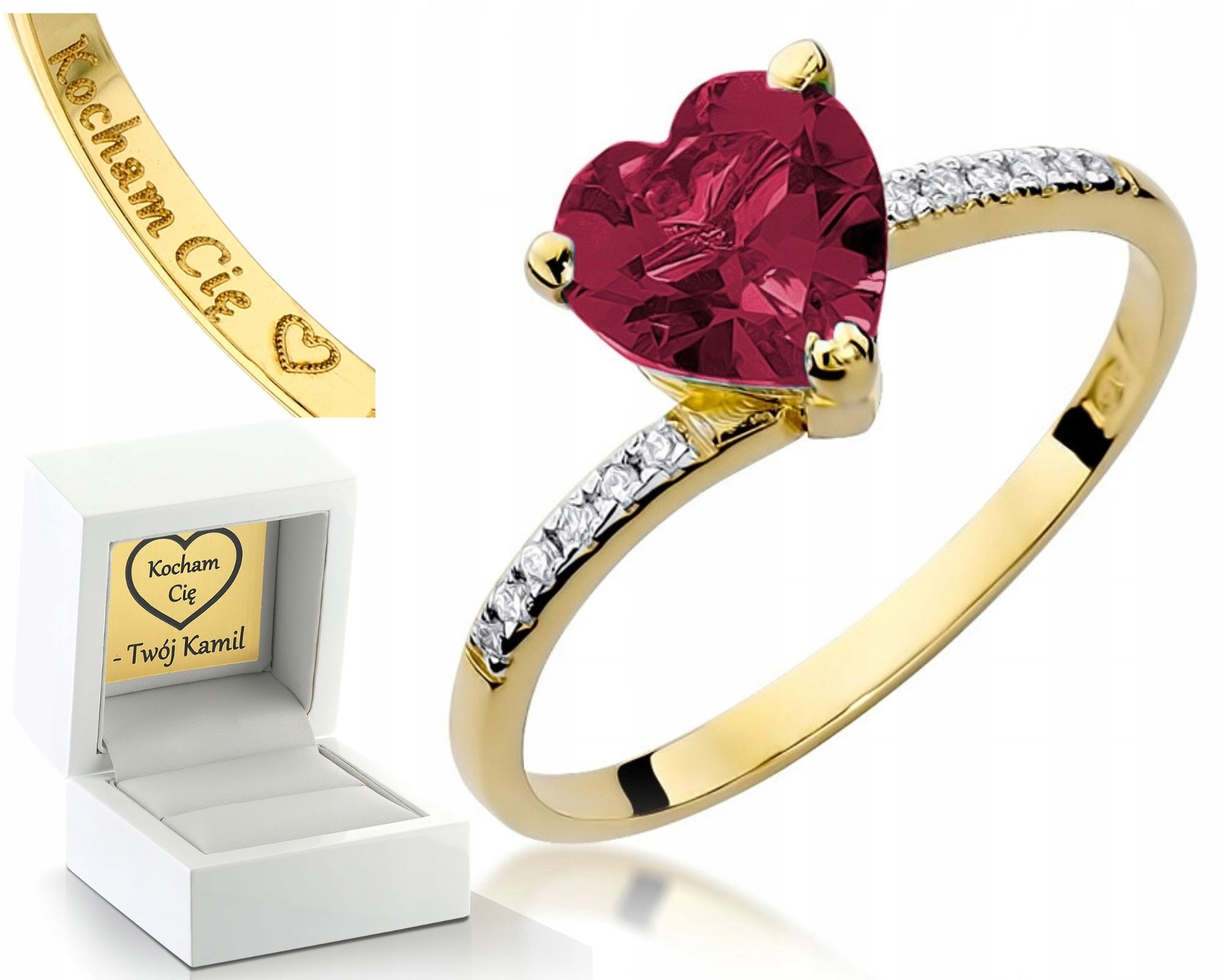 Zlatý Prstýnek S Rubínem Srdce Gravírování Bonus