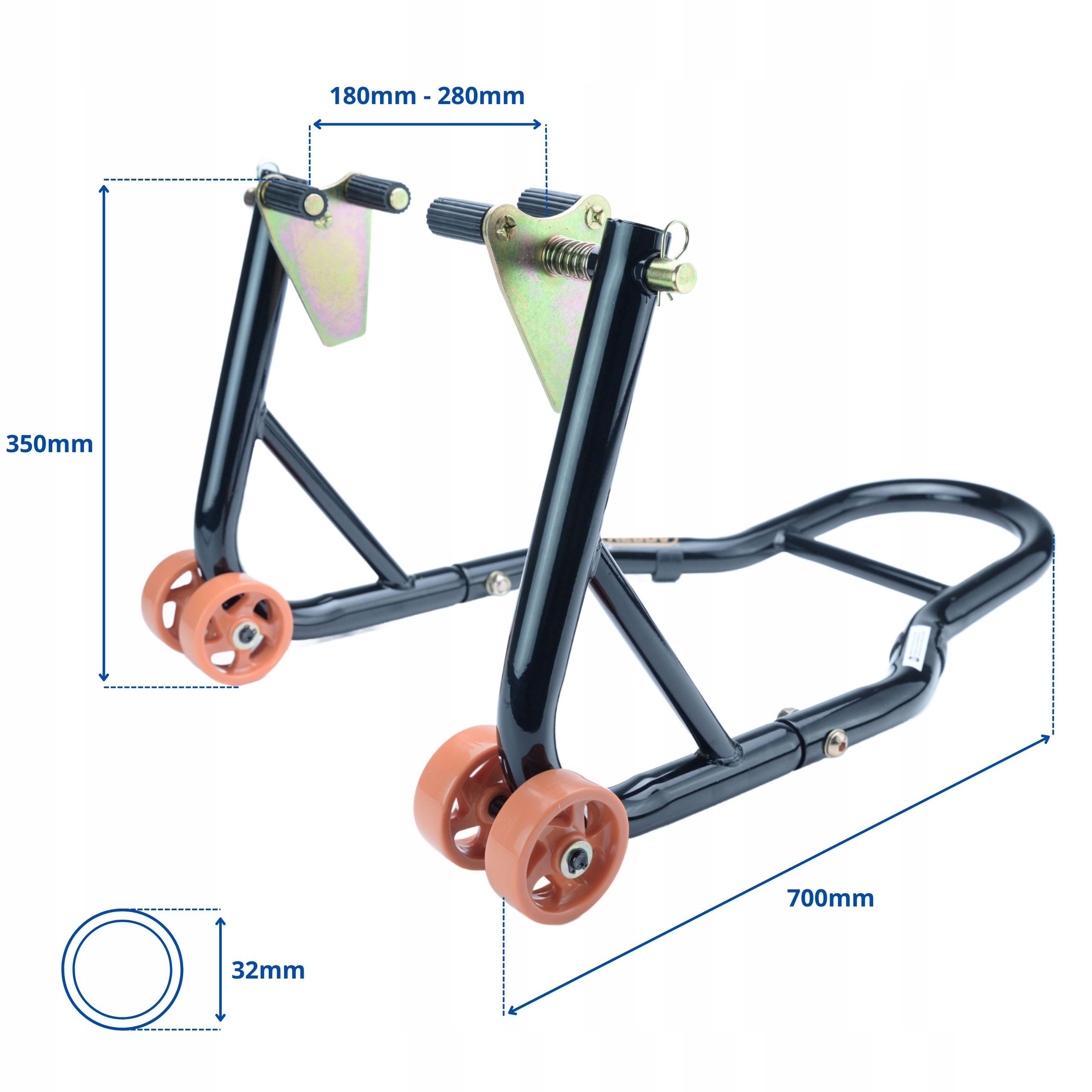 ZESTAW! Podnośnik STOJAK MOTOCYKLOWY Pod Tył ROLKI V + Na Przód WIDELEC Minimalna wysokość podnoszenia 10 mm