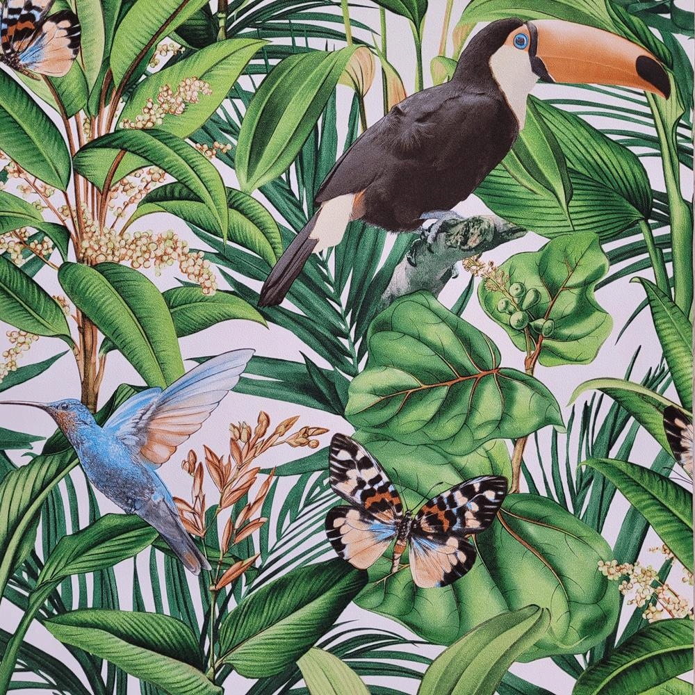 TAPETA ŚCIENNA DŻUNGLA LIŚCIE PTAKI PAPUGI WINYL