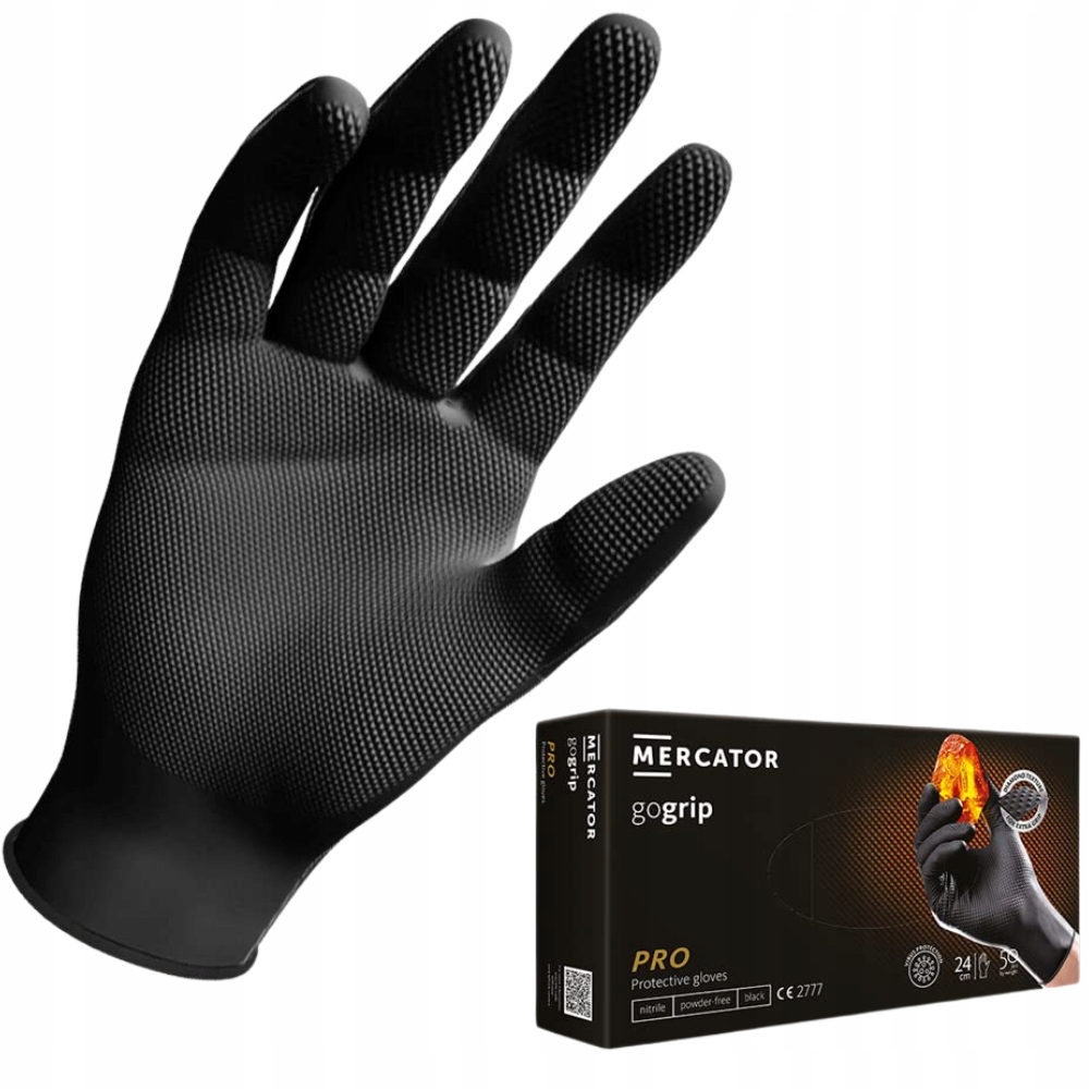 50SZT Rękawice Rękawiczki Nitrylowe Mercator Gogrip Mocne Black Czarne XL