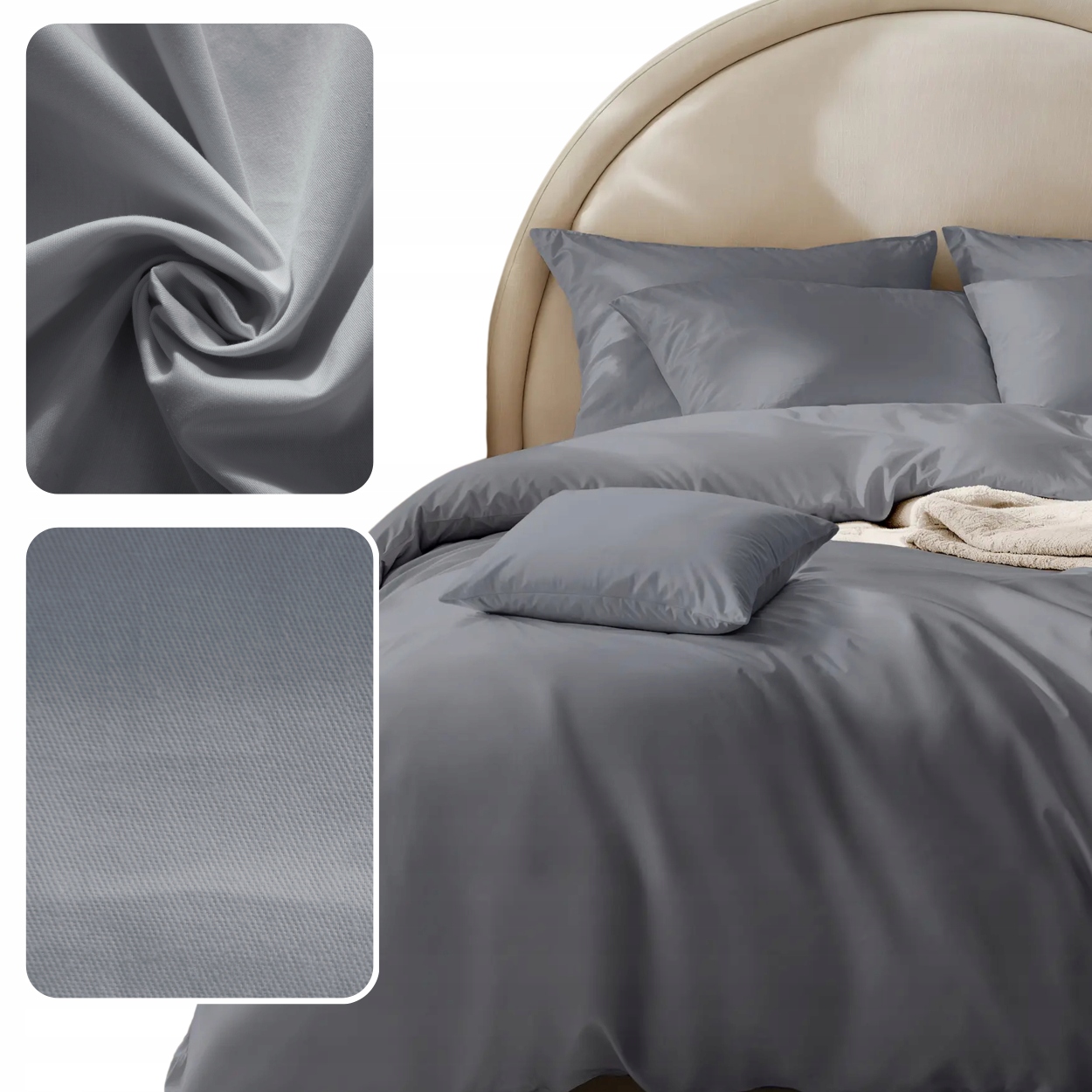 Pościel Bawełna Satynowa 220X200 2X Poszewki 70X80 Jednobarwna Grafit