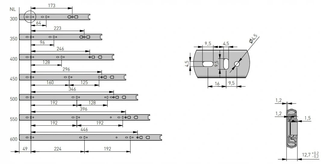 Prowadnica kulkowa GTV VERSALITE PRO H45 mm 500 mm push to open cichy domyk Grubość 0 mm
