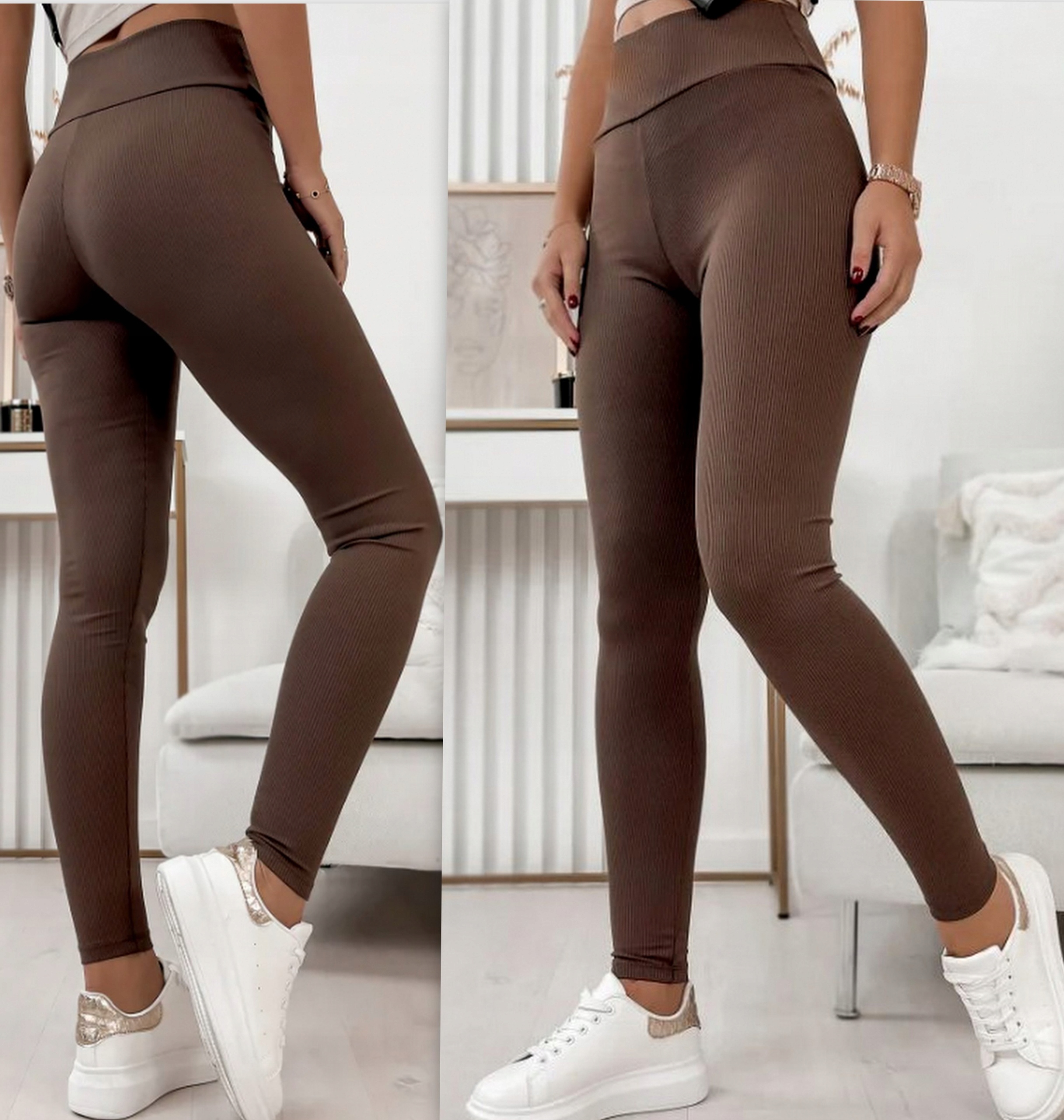 LEGGINSY PRĄŻEK PRĄŻKOWANE BAMBUSOWE WYSOKI STAN KOLORY S/M Kolor brązowy