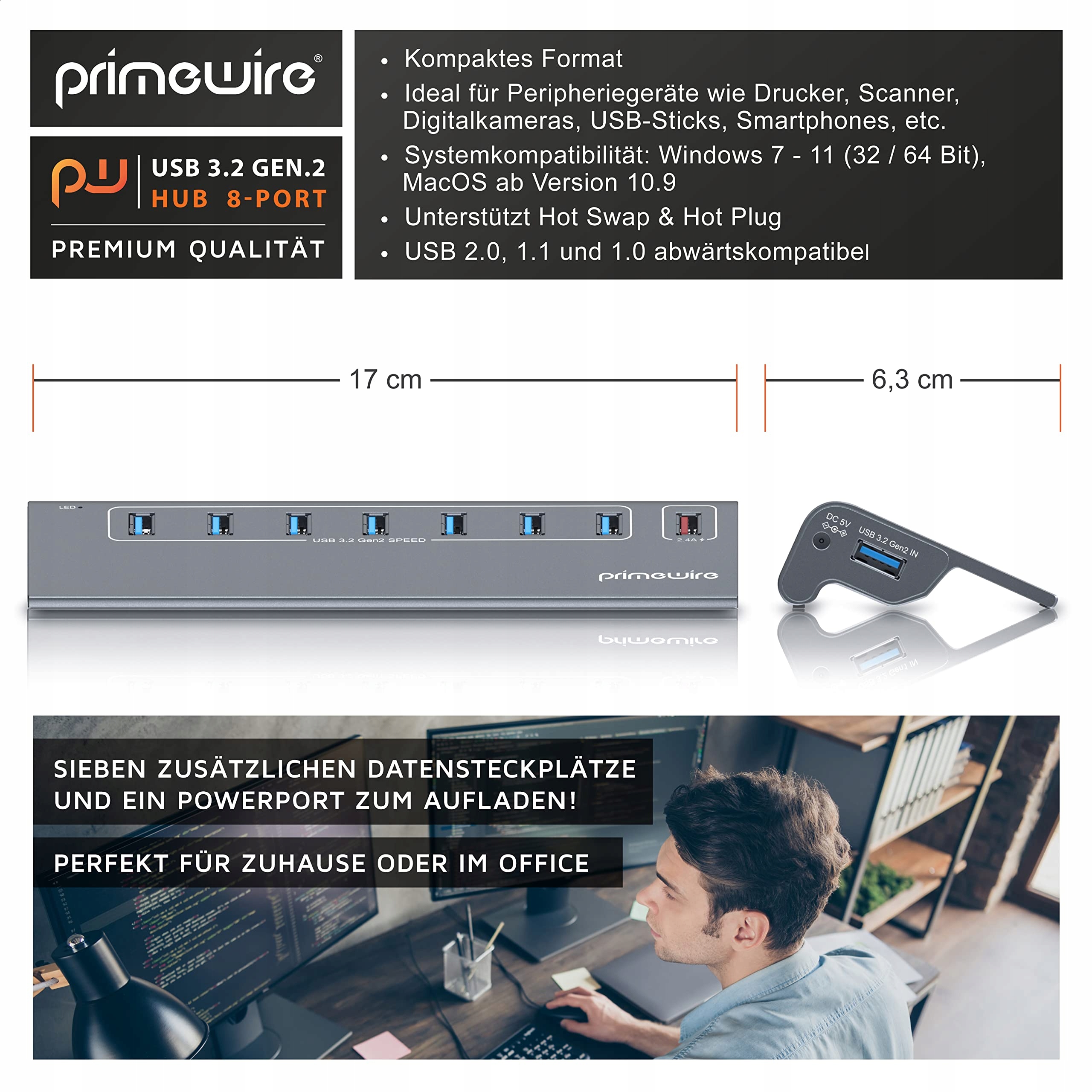 CSL 8 Portowy Hub USB 32 Gen2 10 GBit/s Zasilacz PC Laptop Tablet — miniatura 2