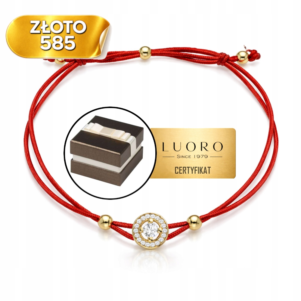 Náramek Zlatý 585 14K Kroužek Zirkony Červený Provázek 14-20 CM Regulovatelný