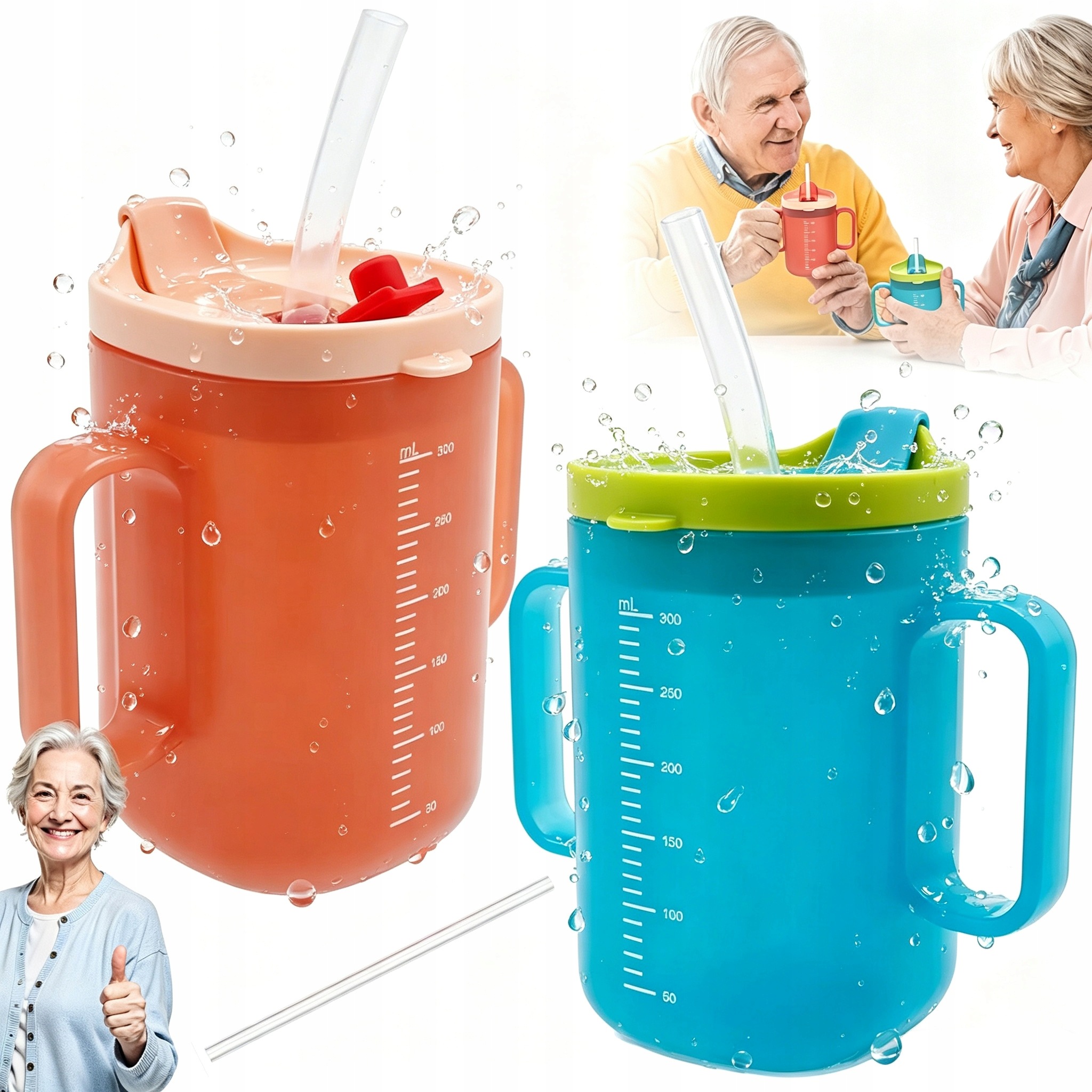 Kubek Treningowy Dla Seniora Niebieski Pomarańczowy 300ML Kubek Uchwyt