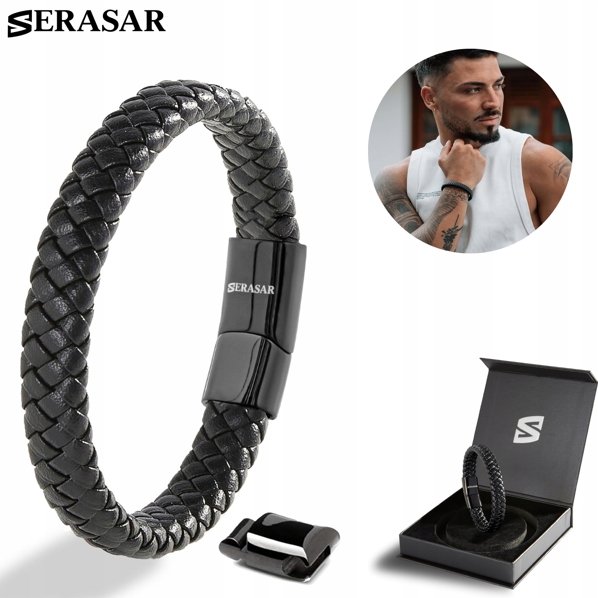 Serasar Kožený náramek pro muže [Steady] Černý, 23 cm