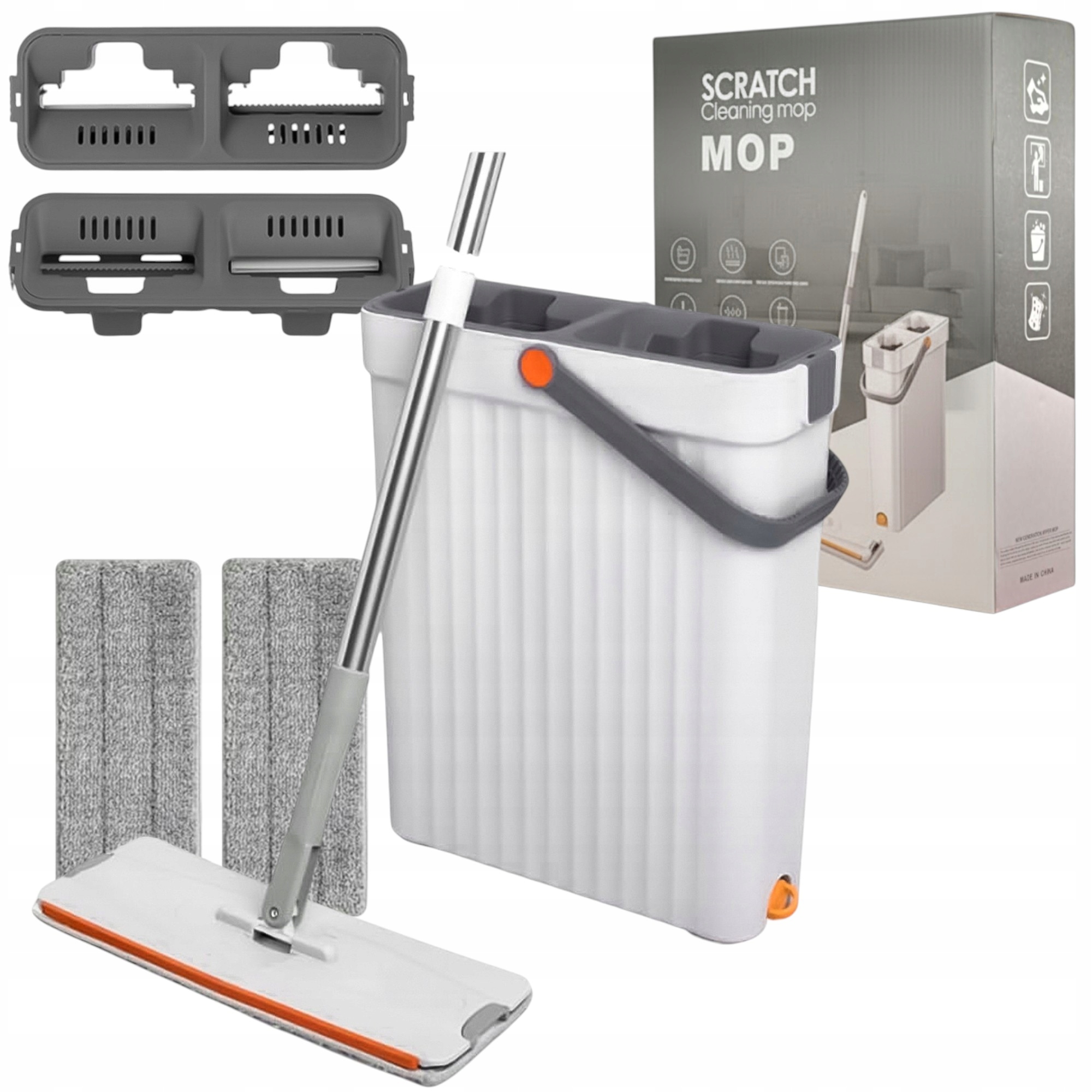 Levně Plochý Mop Se Ždímačem Na Podlahu, Dvoukomorový Kbelík, 2 Absorpční Vložky
