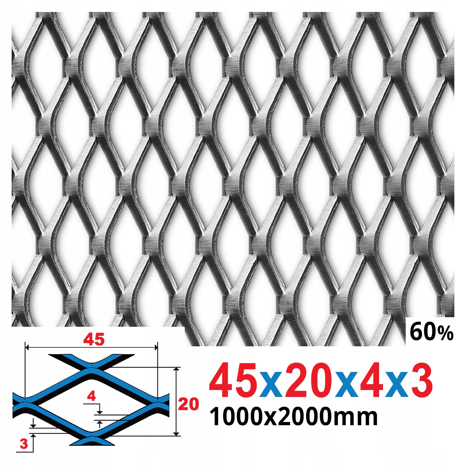 SIATKA CIĘTO CIĄGNIONA 1000x2000 mm 45X20X4 #3 Liczba m² w ofercie 2 m²