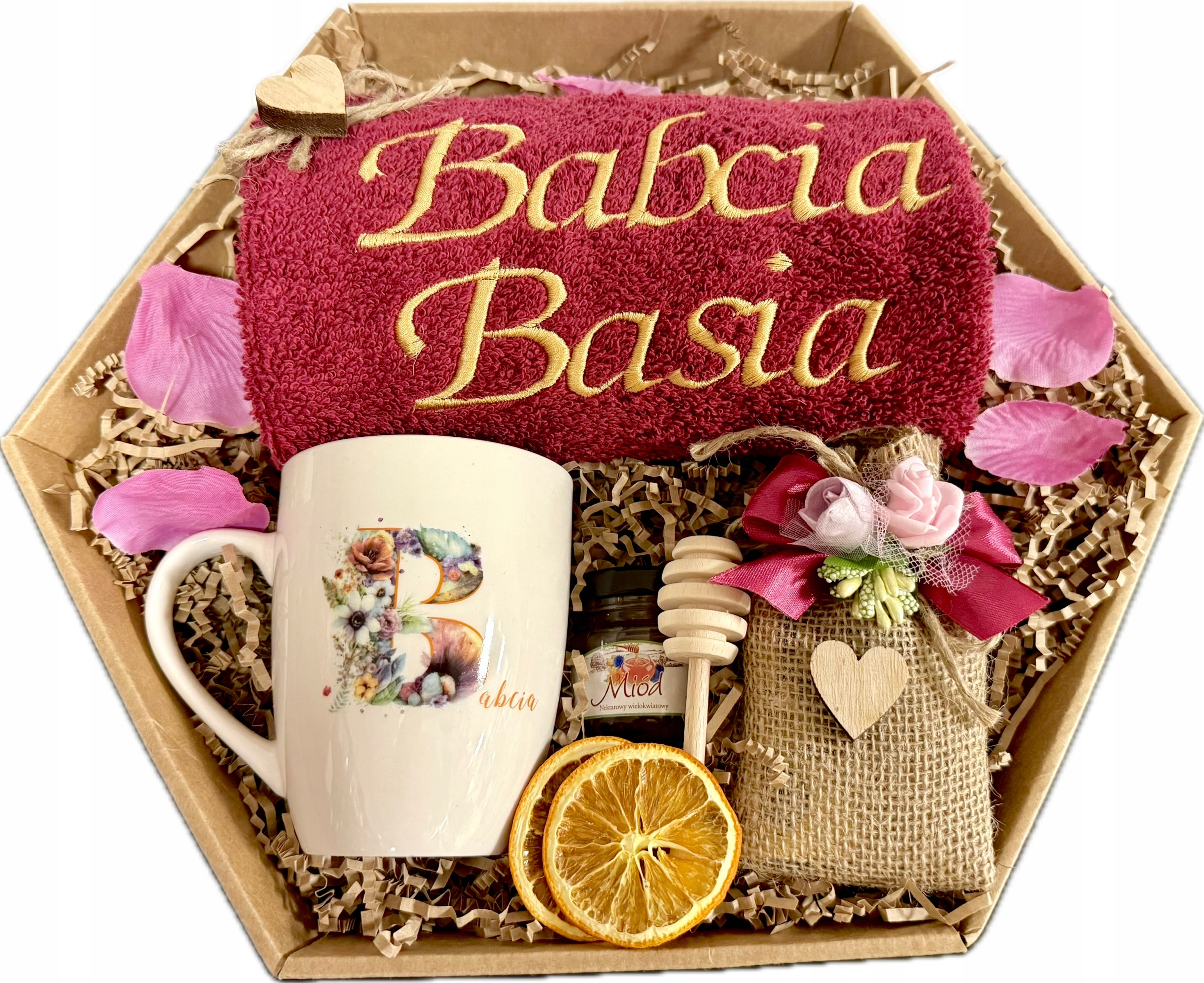 dla Babci na Dzień Babci Duży Kosz Prezentowy Ręcznik Haft Kubek