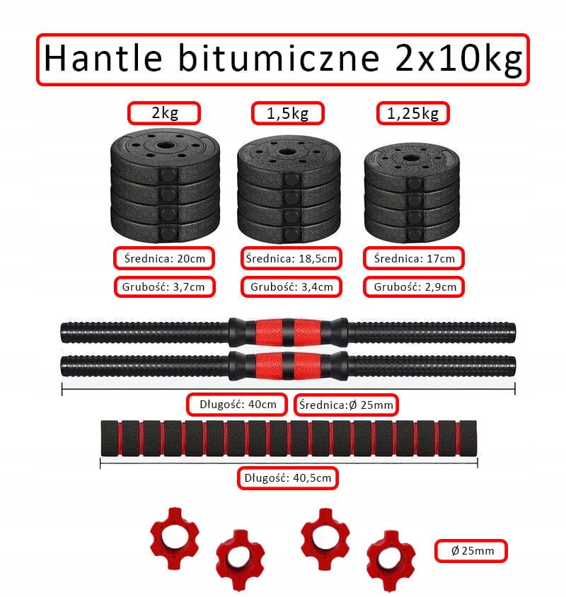 Hantle 2x10kg bitumiczne regulowane Z ŁĄCZNIKIEM zestaw 20kg GRYFY SZTANGA EAN (GTIN) 5906516870326