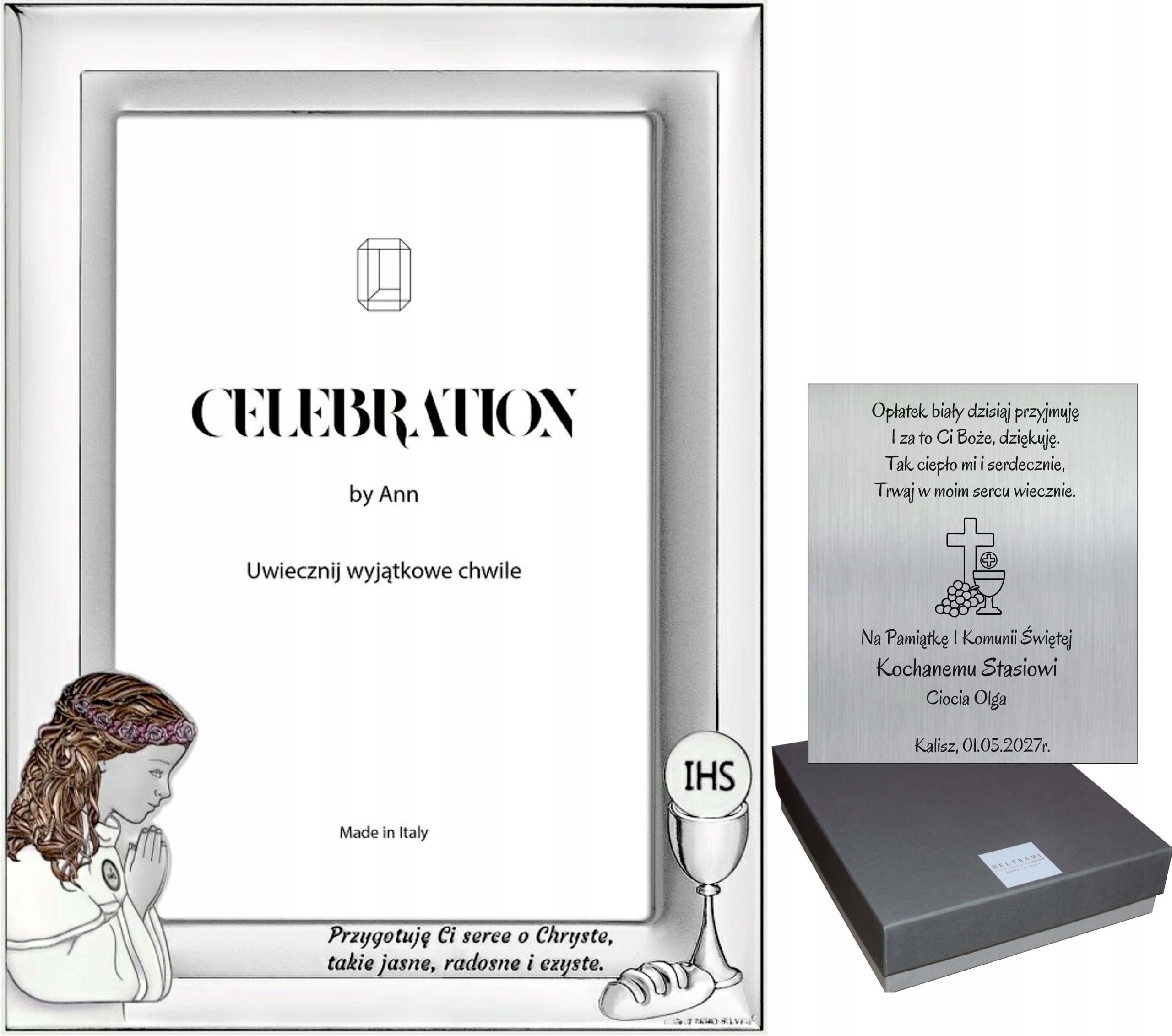 SREBRNA RAMKA NA ZDJĘCIE 13x18 PAMIĄTKA KOMUNII DZIEWCZYNKA GRAWER