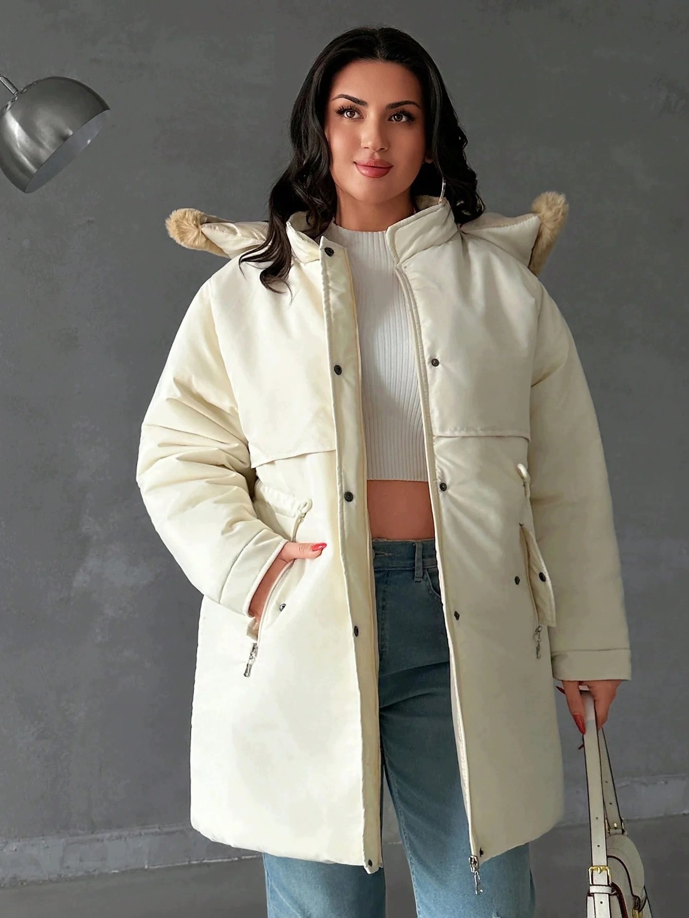 Krémová Péřová Bunda MIDI S Kapucí Zimní Oversize Shein XXL 44