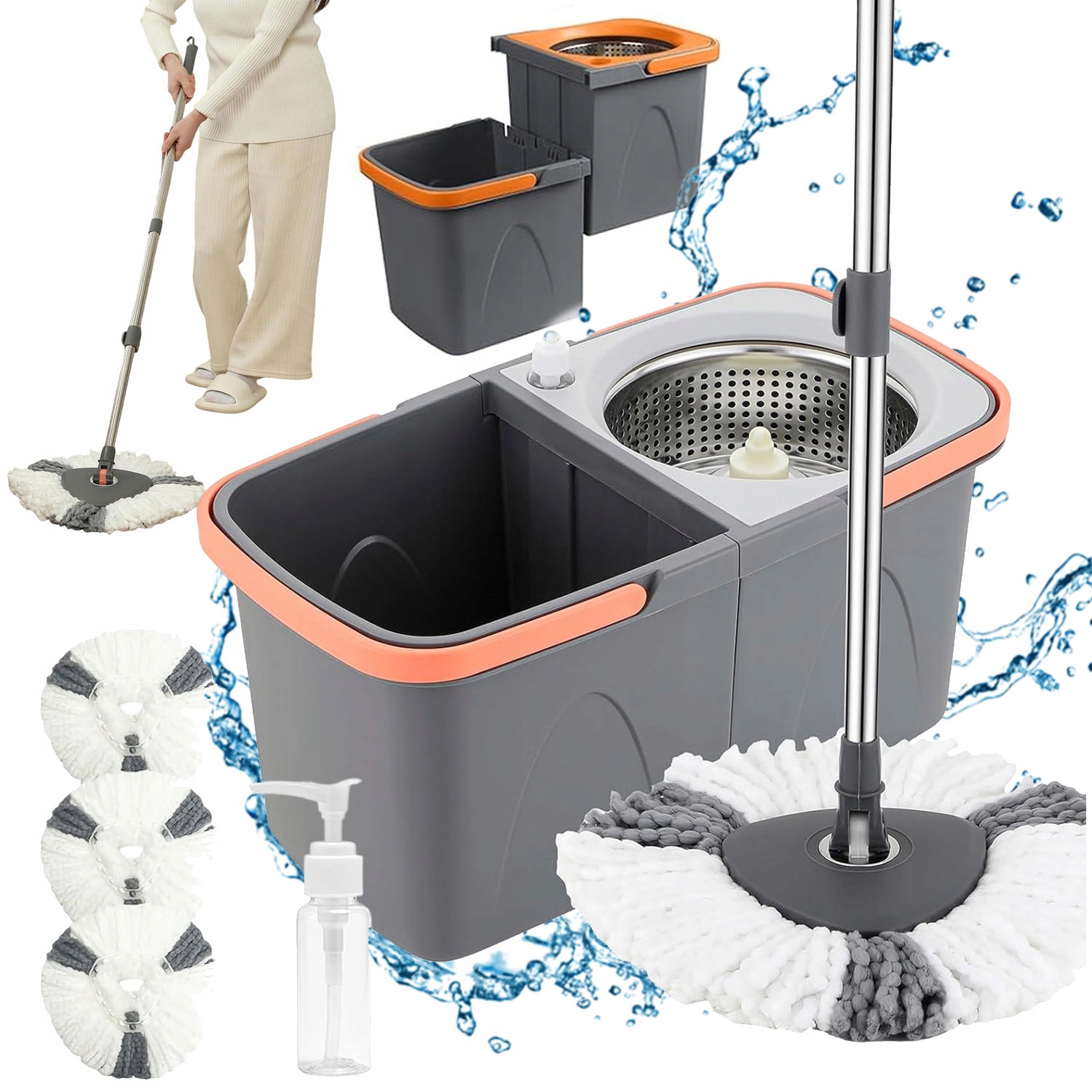 Levně Sada Mopu Otočná O 360° A Kbelíku Vyjímatelná Ze 3 Nástavců Z Mikrovlákna, Skládací
