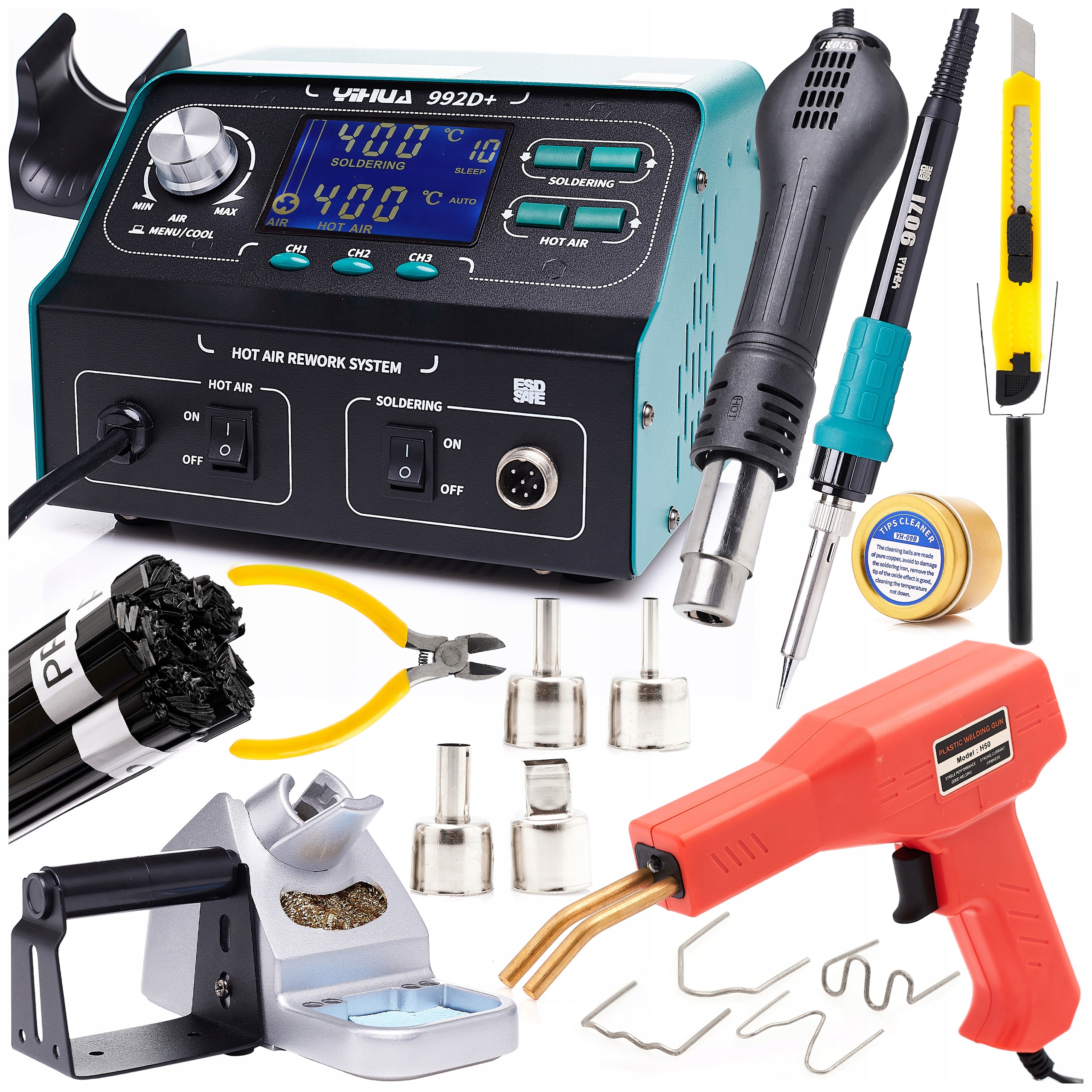 Svářečka Plastů 2V1 Páječka Yihua 992D+ Sešívačka H50 Sponky Příslušenství
