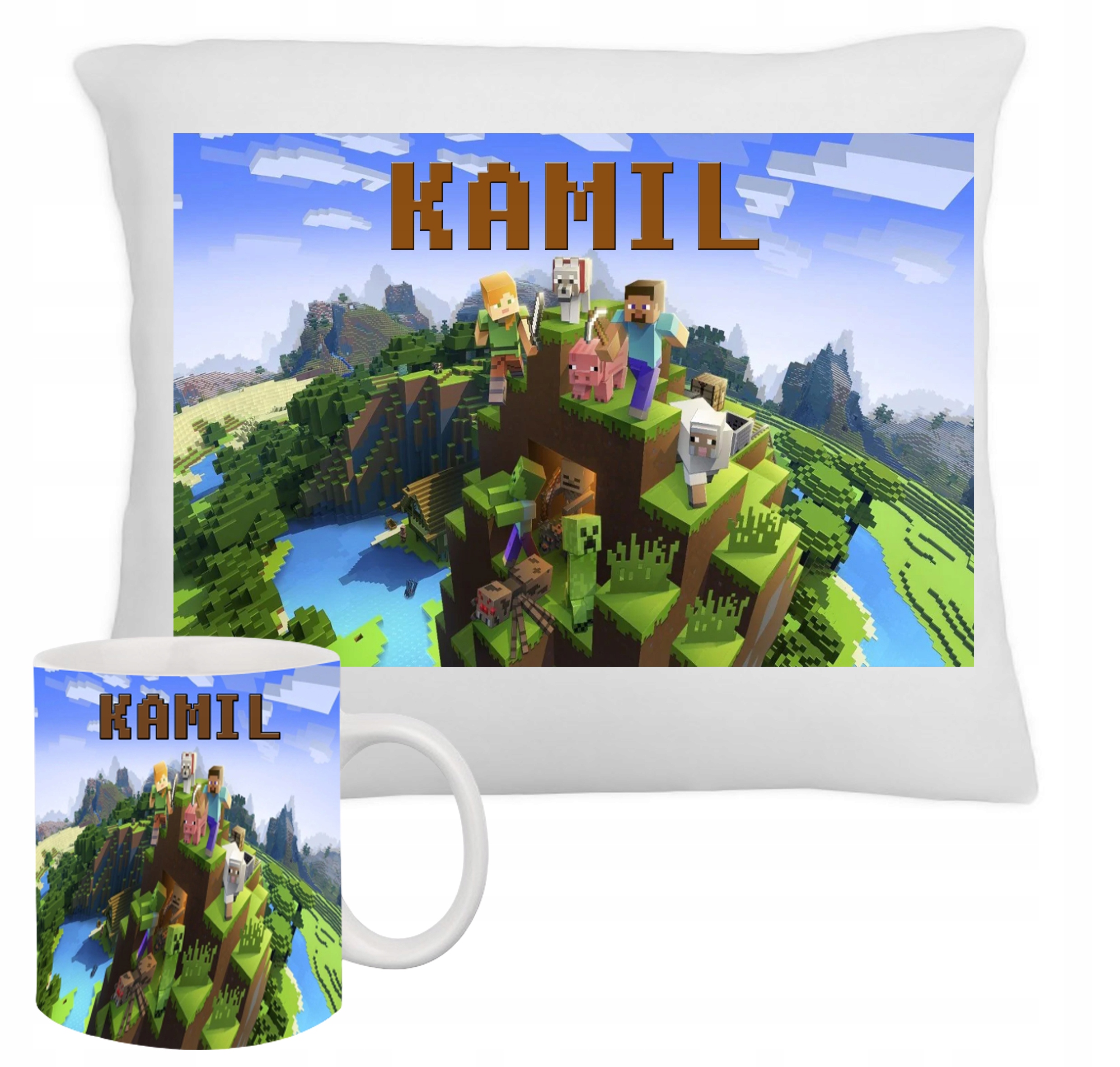 

Zestaw Fana Kubek+poduszka Minecraft Prezent+ Imię