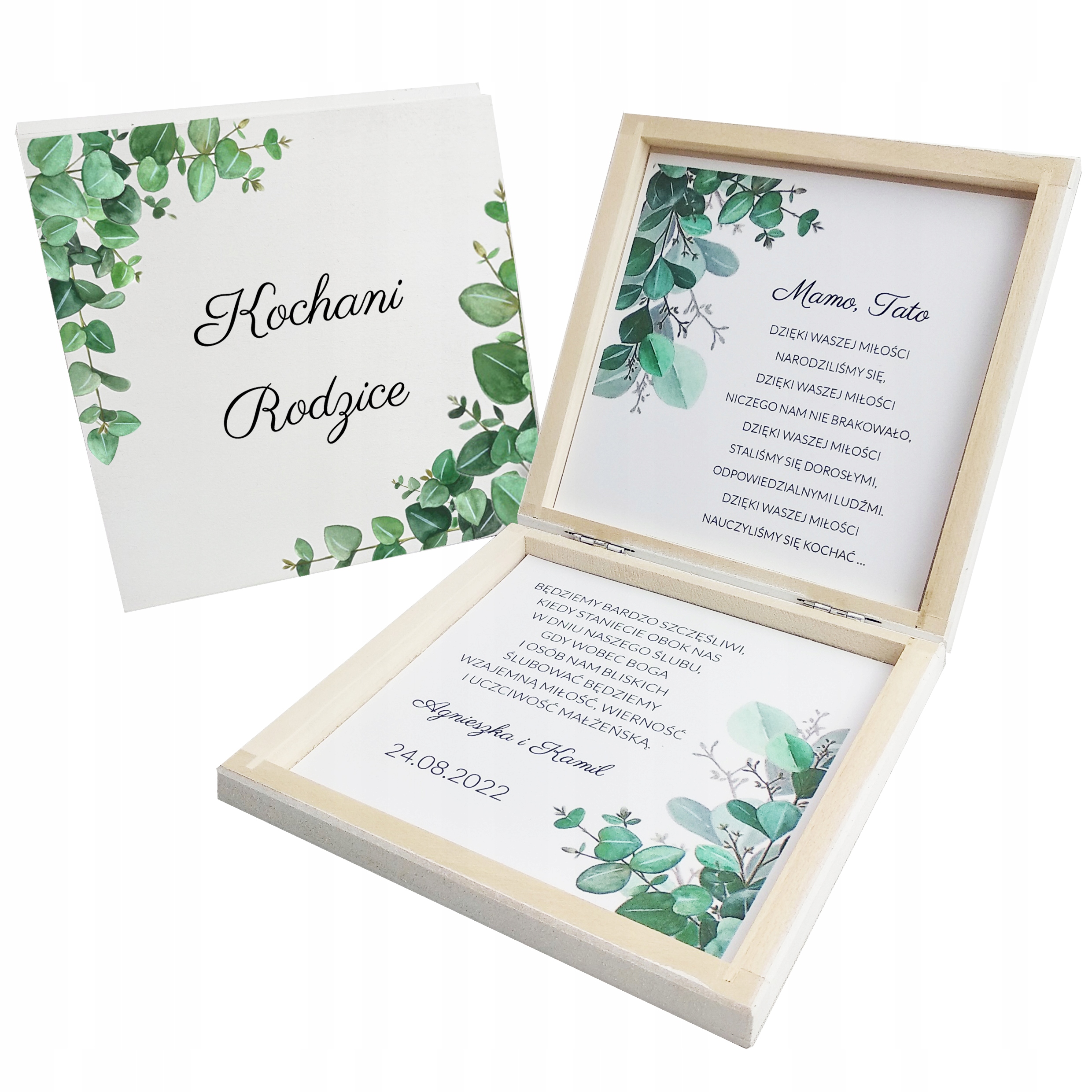 PUDEŁKO DREWNIANE PROŚBA ZAPROSZENIE DLA RODZICÓW EUKALIPTUS NA ŚLUB Y3