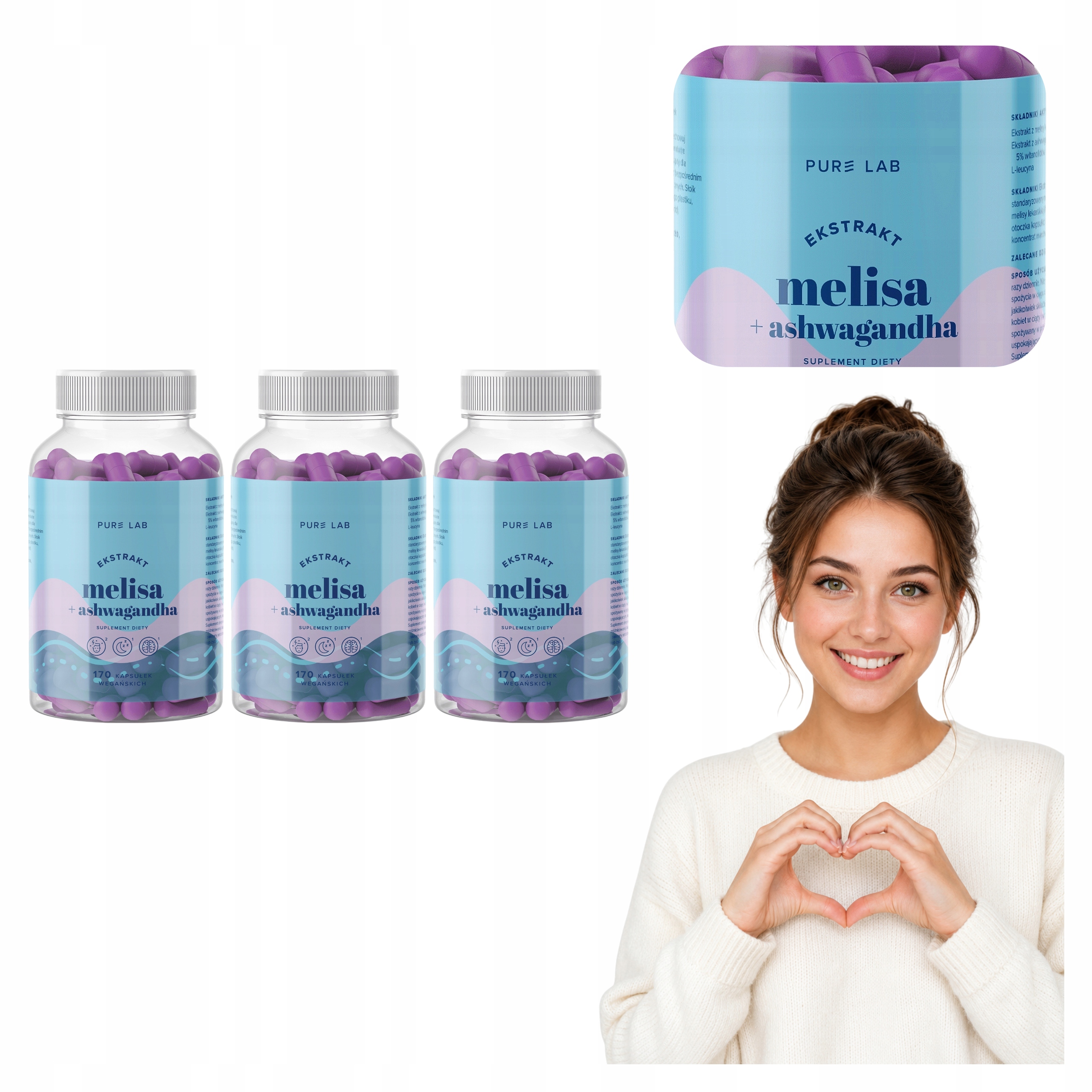 3x Pure Lab Ekstrakt Melisa 150 mg Ashwagandha Melissa Officinalis 170 kaps