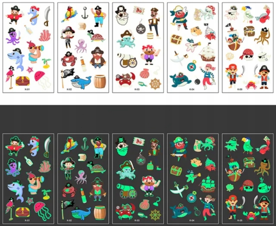 TATUAŻE ZMYWALNE DLA DZIECI 5 ARKUSZY ŚWIECĄCE Marka inny