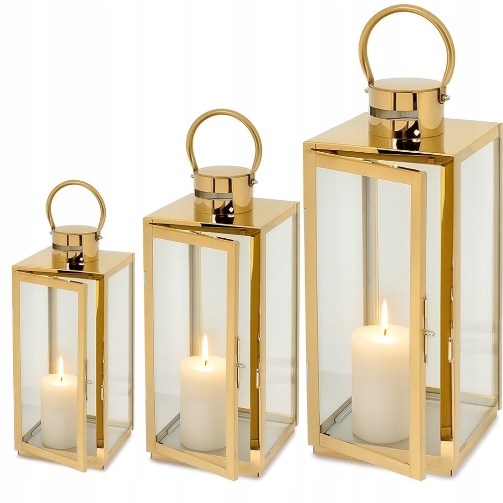 Lucerny Glamour 3ks 63 49 38 cm Zlaté hřbitovní svíčka Nerezová Ocel Svíčky