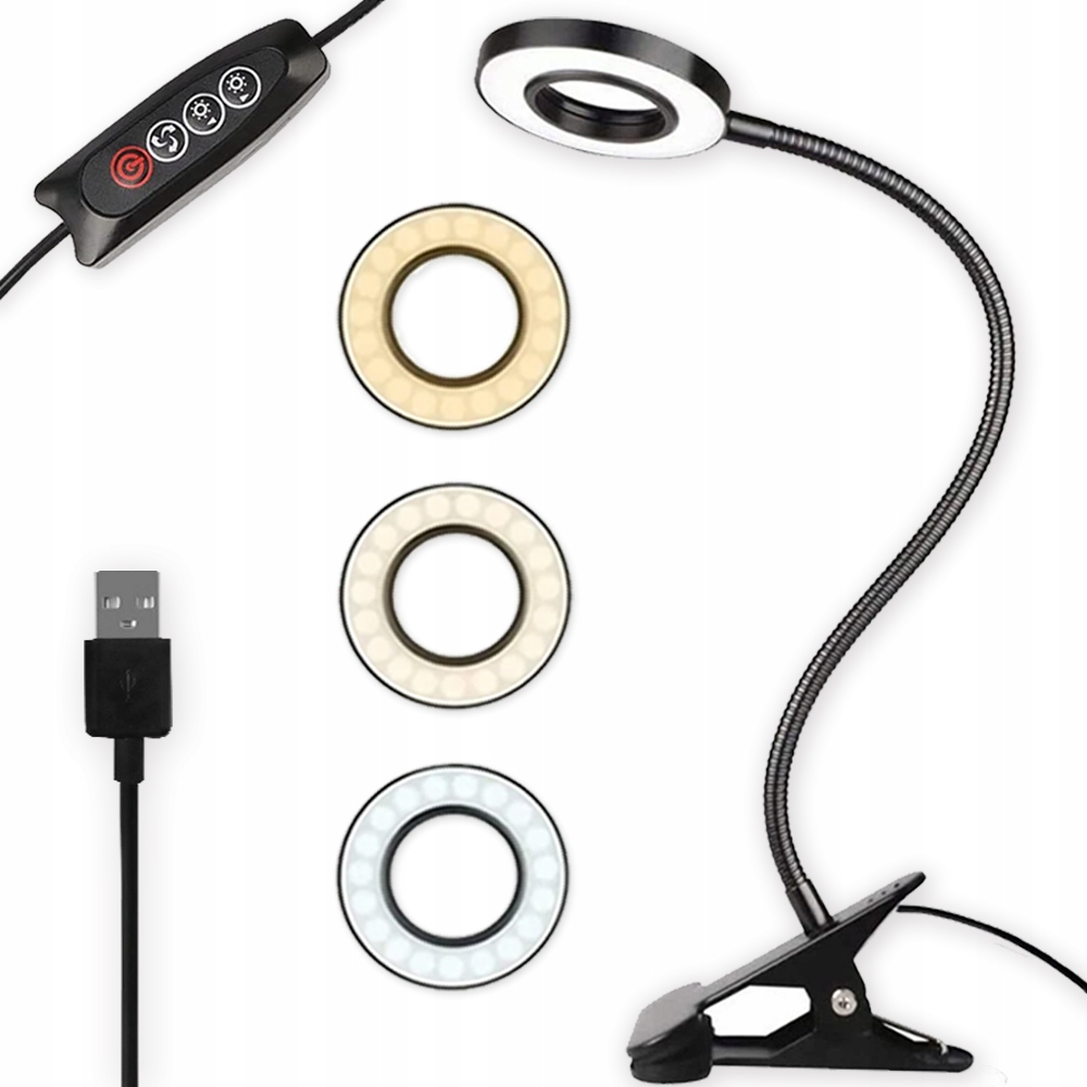 LAMPKA LED BIURKOWA KLIPS DO CZYTANIA USB 3 ODCIENIE ŚWIATŁA REGULACJA 360 Kolekcja led