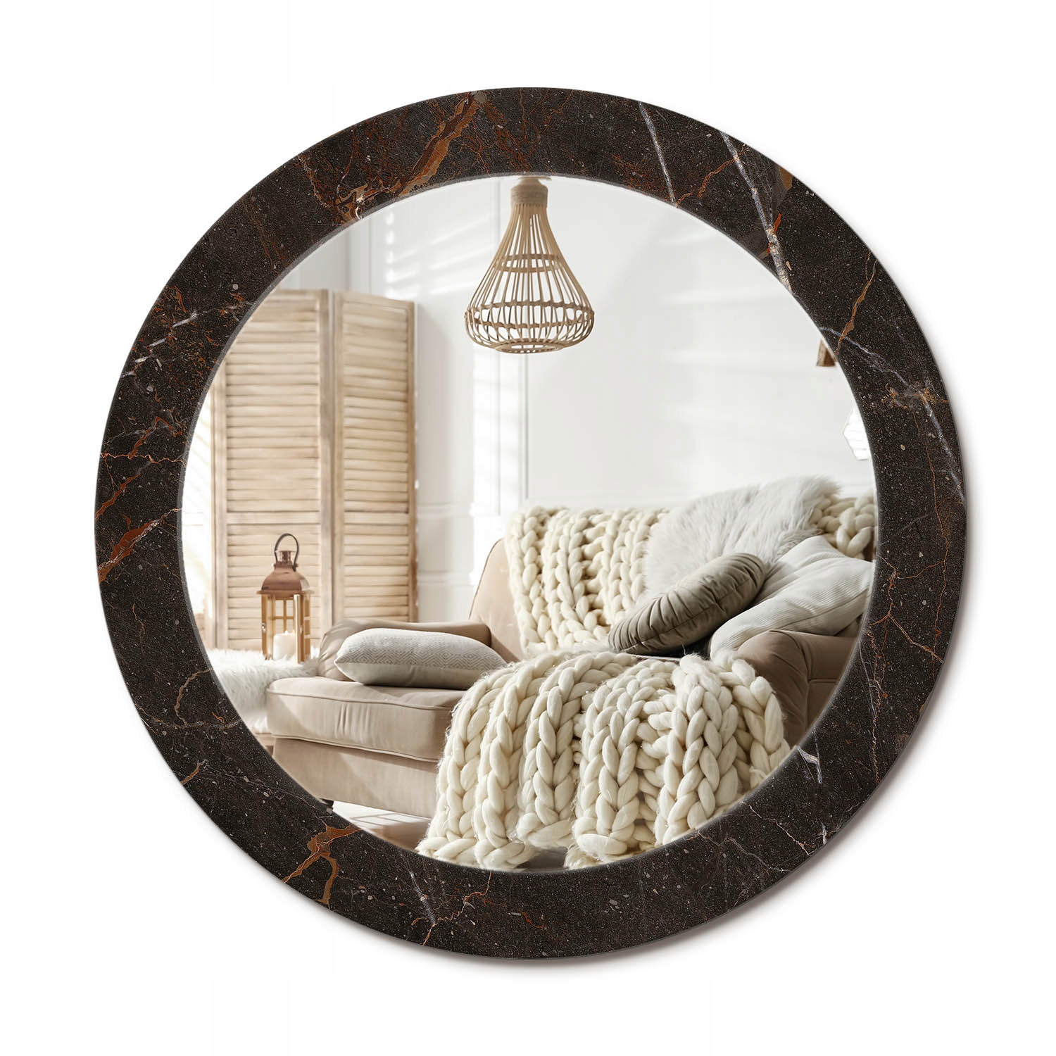 Okrúhle nástenné ozdobné zrkadlo v sklenenej obrube, priemer 70 cm, hnedý mramor