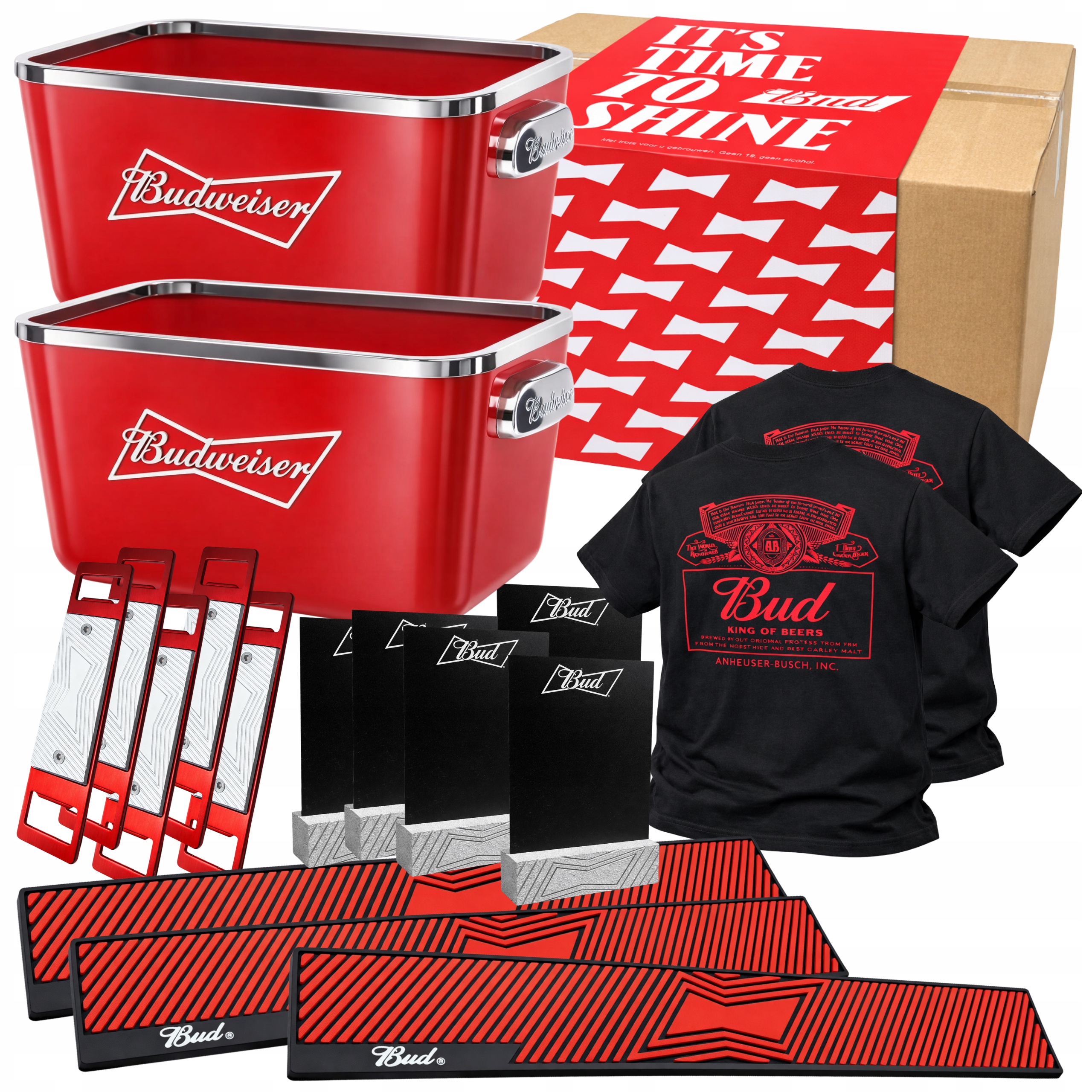 Sada Budweiser XXL 2x Cooler Ice Bucket Trička Barové podložky Otvíráky