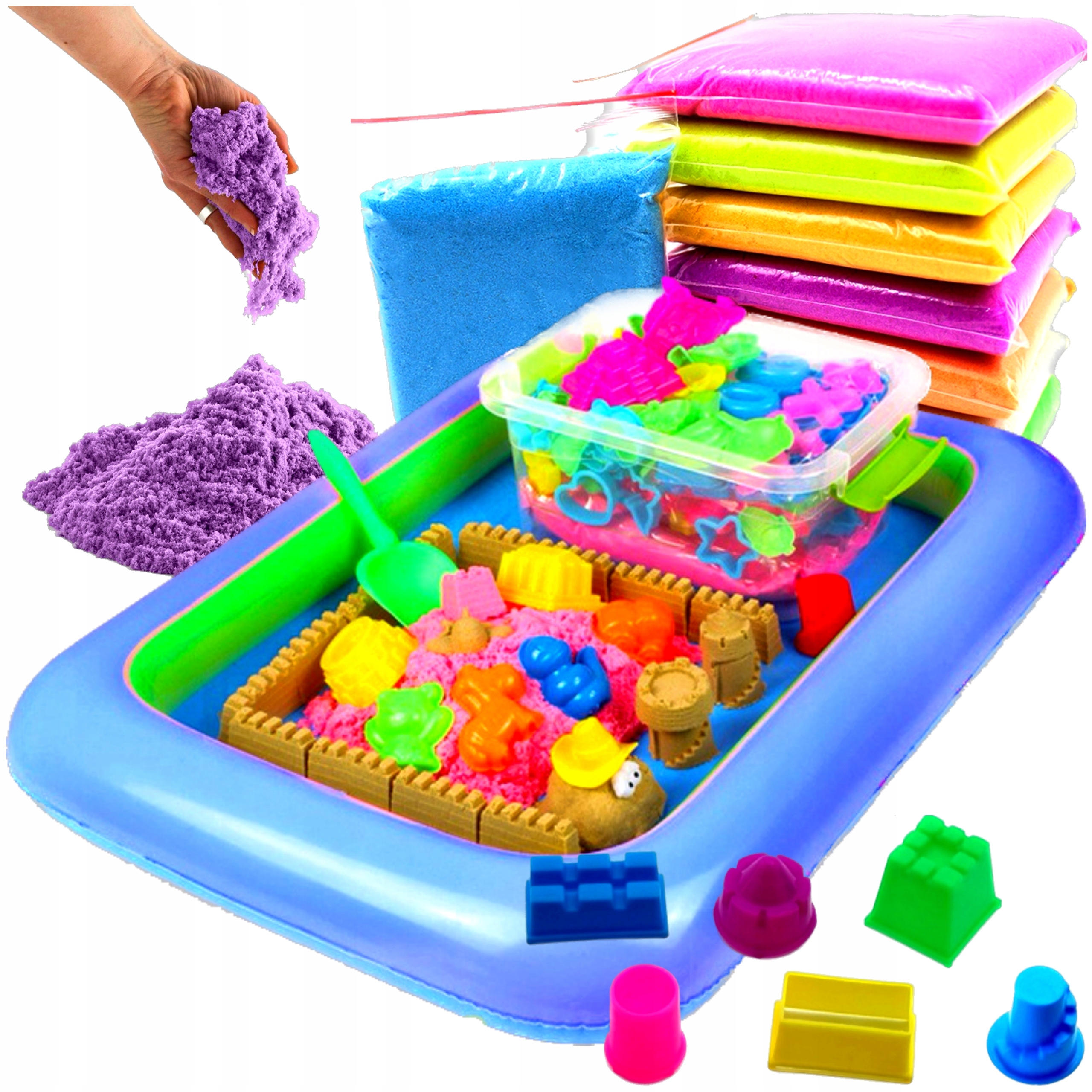 PIASEK KINETYCZNY 3kg + BASEN FOREMKI ŁOPATKA POMPKA PIASKOWNICA ZESTAW XL