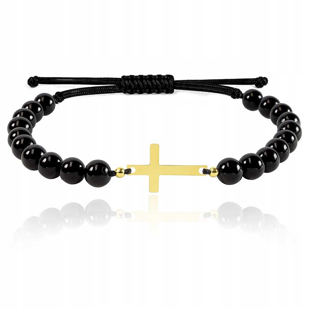 Náramek na provázku s křížkem a černým onyxem onyx pr. 585
