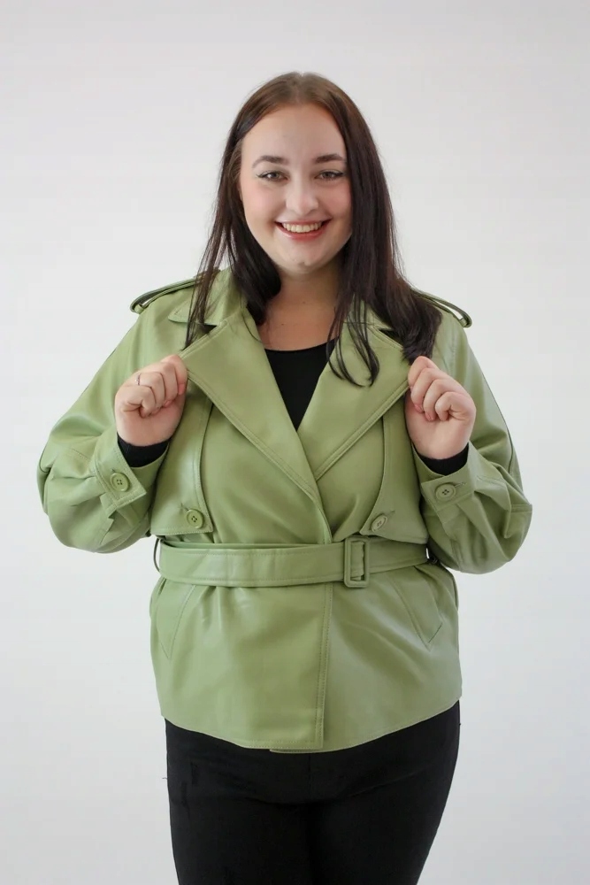 Dvouřadá bunda z eko kůže s páskem Olivová 2XL