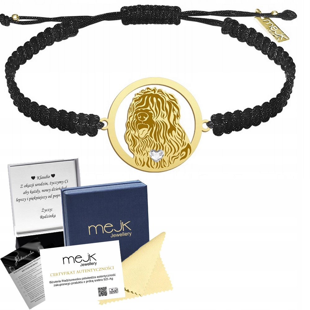 Zlatý náramek s černým ruským teriérem 925 Makramé Šperky Gravírování