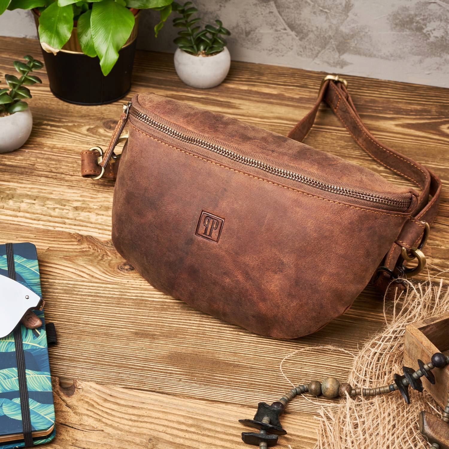 Paolo Peruzzi Saszetka nerka na ramię i pas skórzana vintage duża brązowa Model T-36-BR