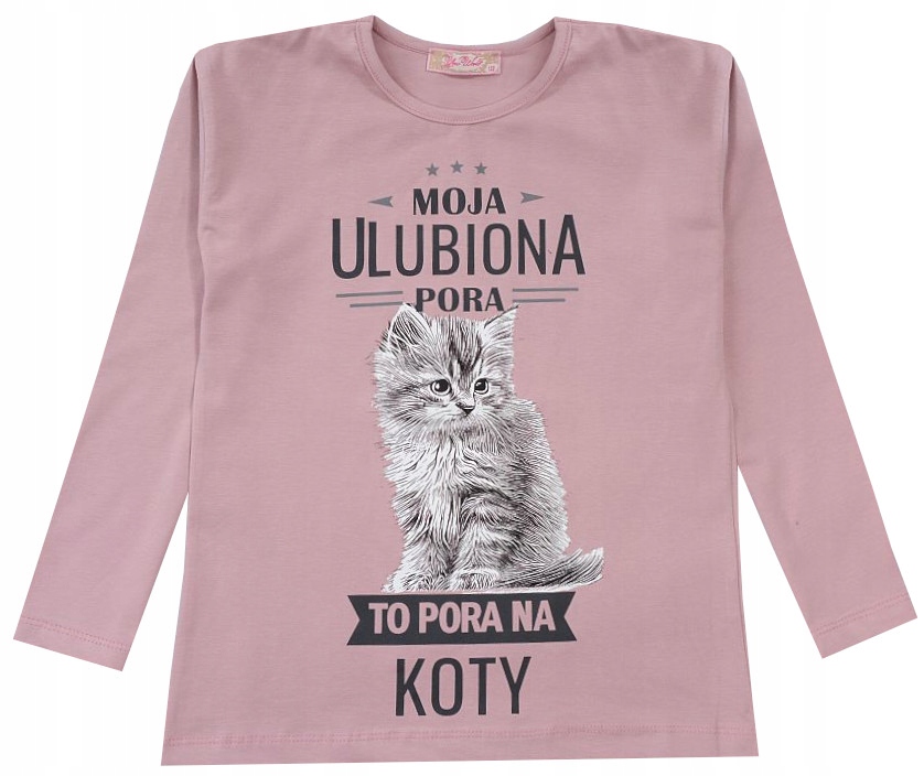 BLUZKA TUNIKA DZIEWCZĘCA bawełna DŁUGI RĘKAW PORA NA KOTA róż 134 T002C