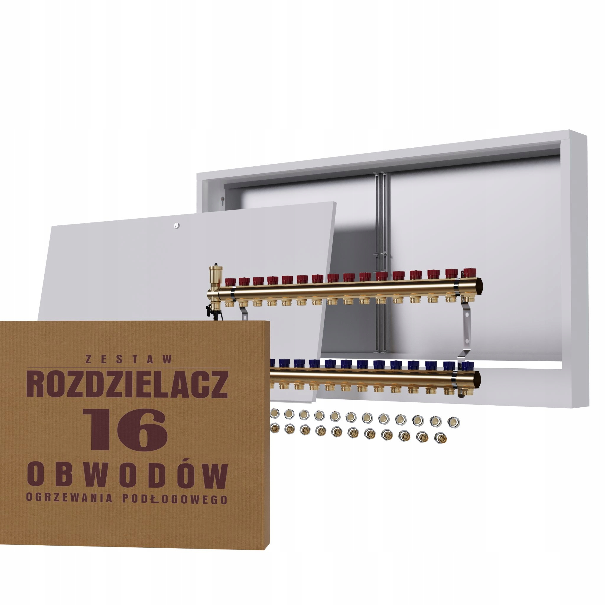 Manuální rozdělovač 16 okruhů pro radiátory nástěnná skříňka Pex