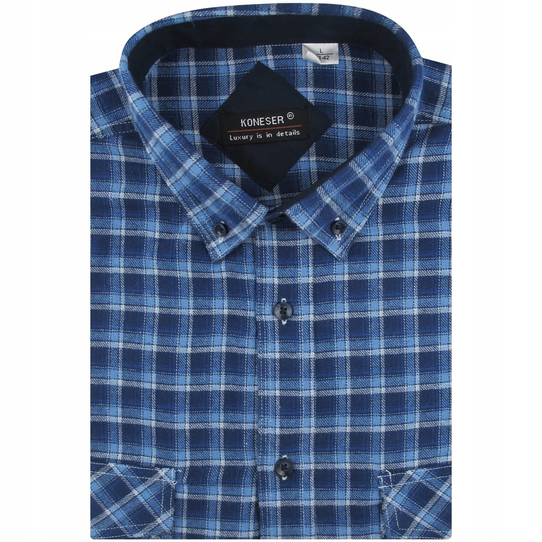 Flanelowa Koszula Męska Casual na co dzień niebieska w kratę Regular J795