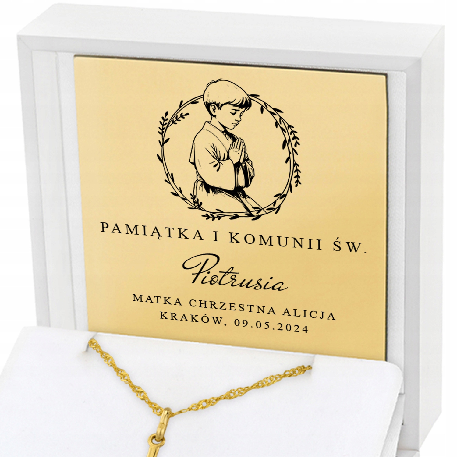 Złoty Łańcuszek Krzyżyk Prezent Komunia Pamiątka Komunii Świętej + Grawer Długość całkowita 45 cm